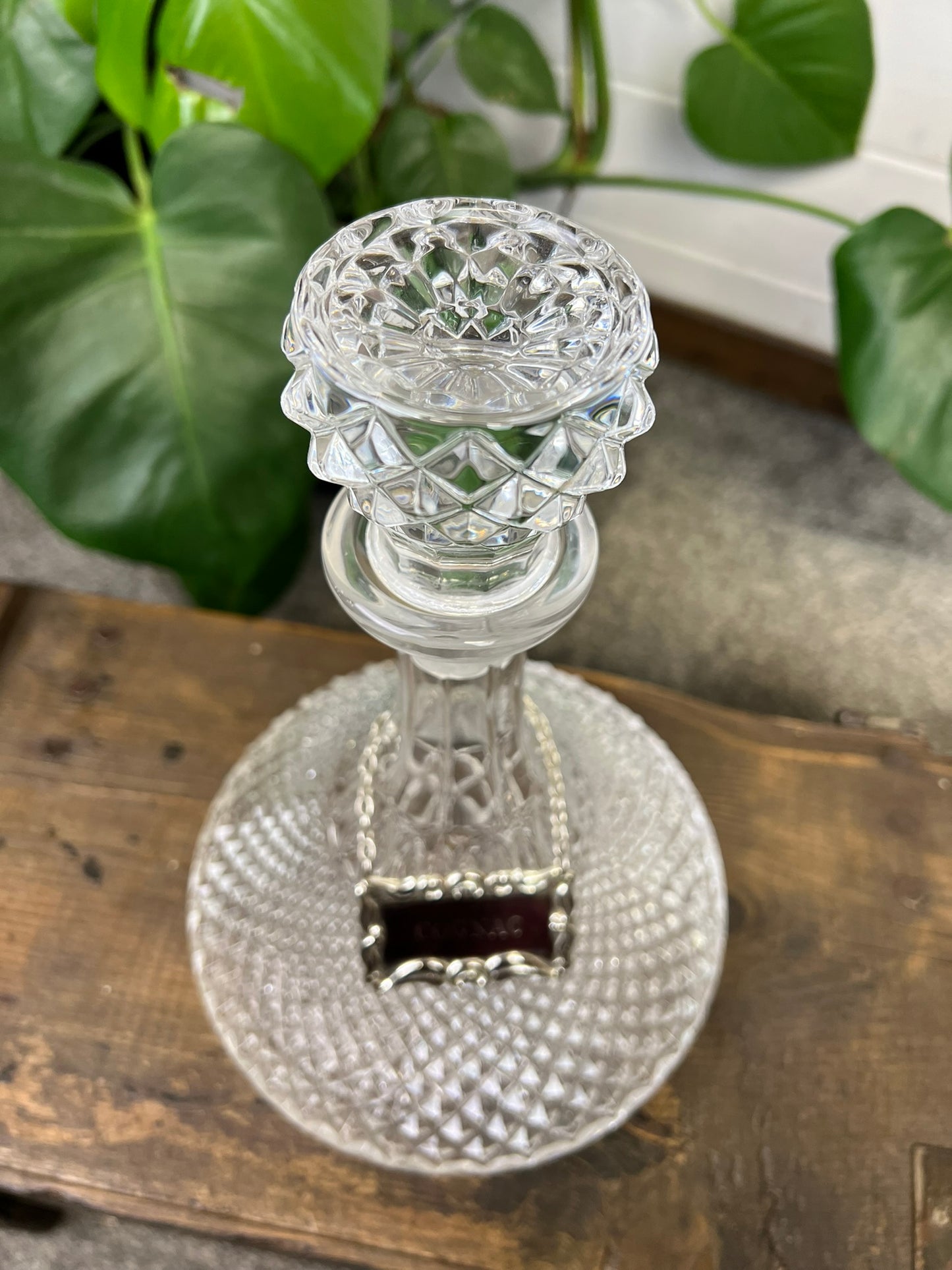 Vintage Cut Glass Ships Decanter With Cognac Silver Plated Chain