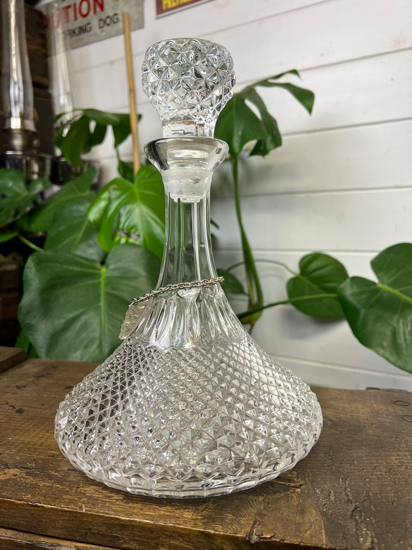 Vintage Cut Glass Ships Decanter With Cognac Silver Plated Chain