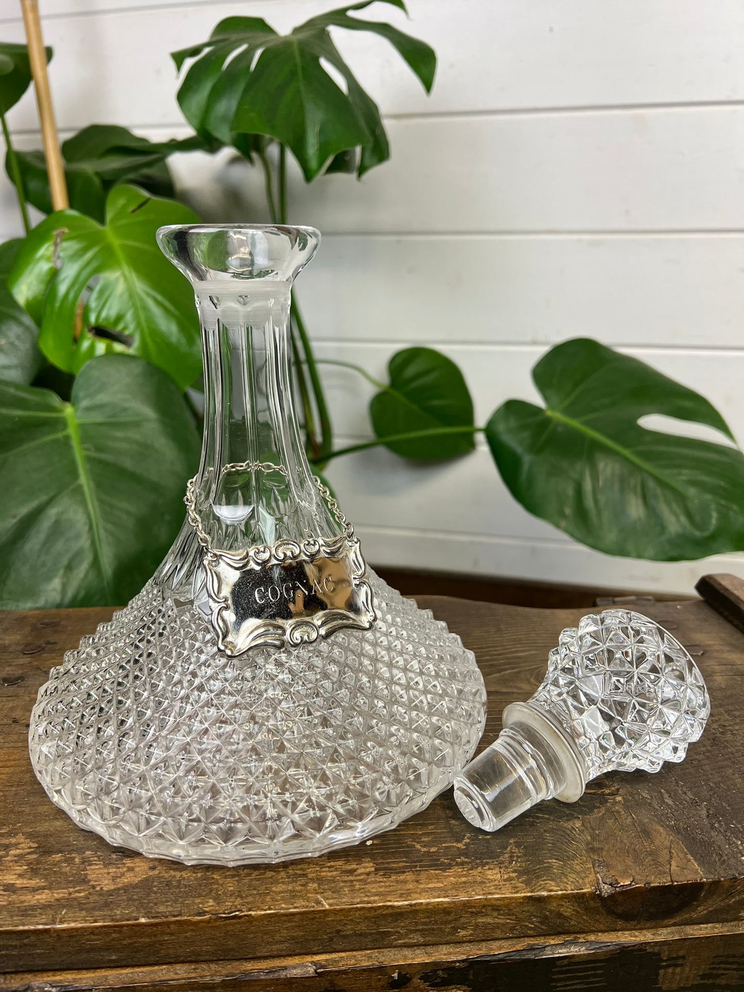 Vintage Cut Glass Ships Decanter With Cognac Silver Plated Chain