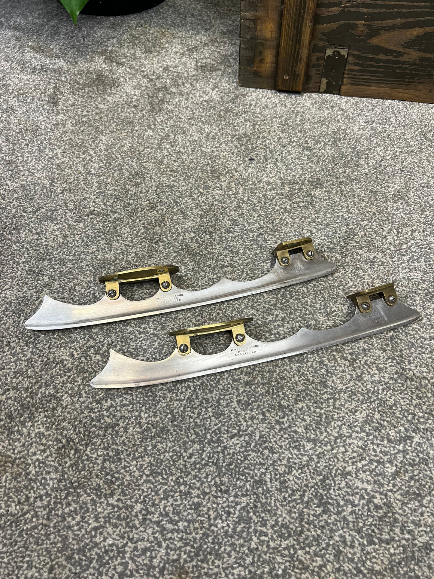 Antique Brass / Steel Ice Skate Blades Made In Sheffield By W Marples & Sons Early 20th Century