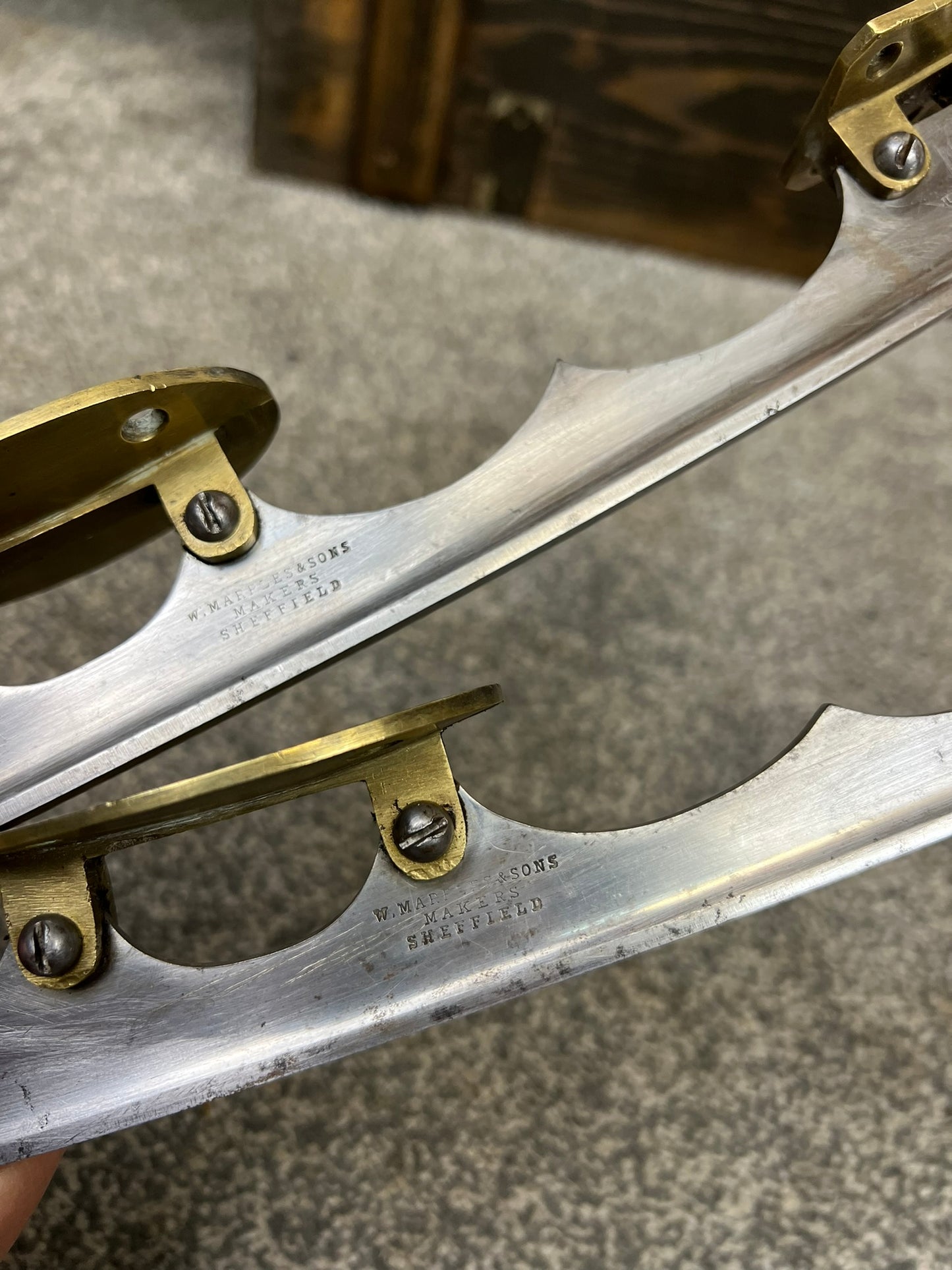 Antique Brass / Steel Ice Skate Blades Made In Sheffield By W Marples & Sons Early 20th Century