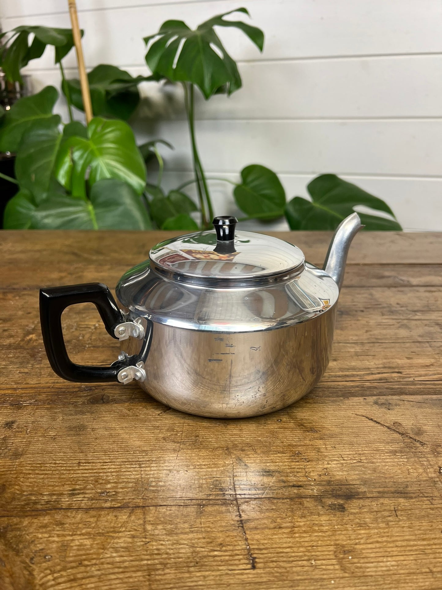 Vintage Stainless Steel Tea Pot Bakelite Handle 1970's 80's Mid Century Art Deco Retro Kitchen