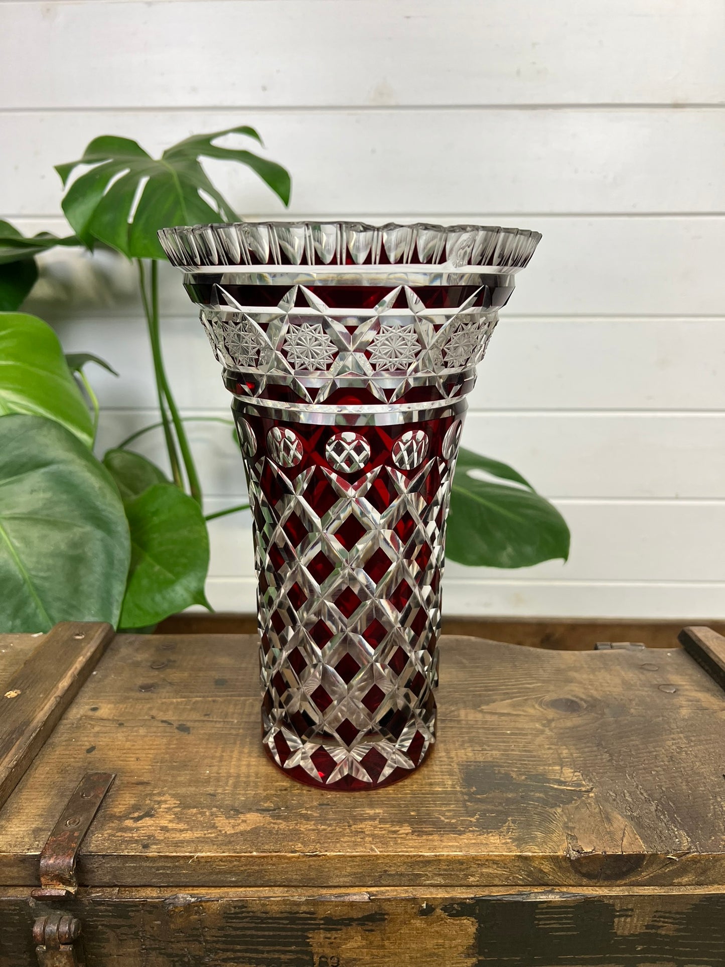 Vintage Ruby Red Cut to Clear Large Vase Art Deco Bohemian Decor