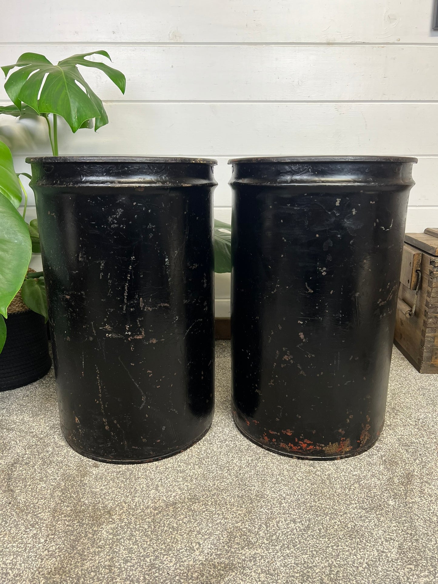 2x Small Metal Drums With Lids Vintage Display Storage Upcycle Stools Industrial Decor