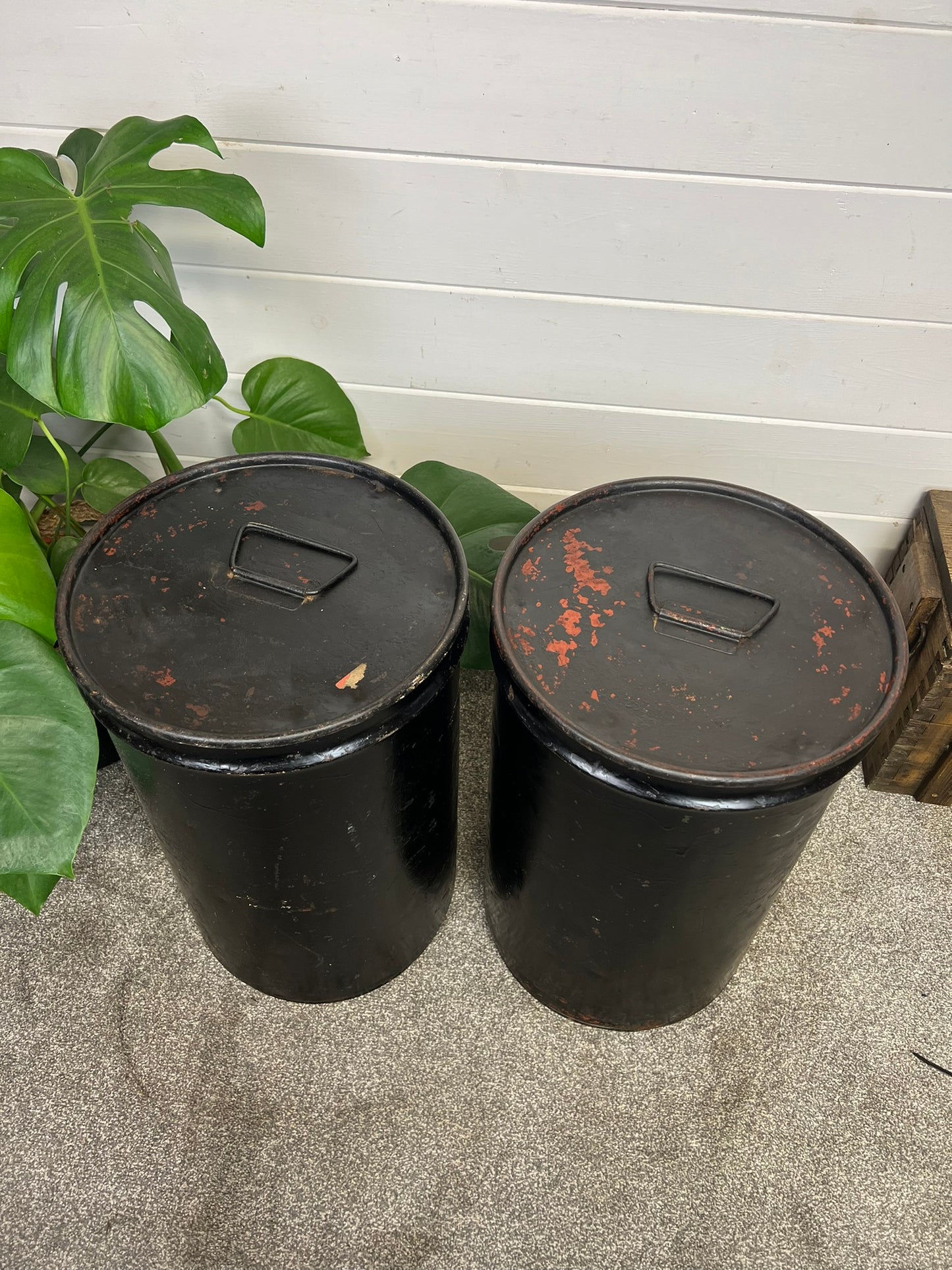 2x Small Metal Drums With Lids Vintage Display Storage Upcycle Stools Industrial Decor