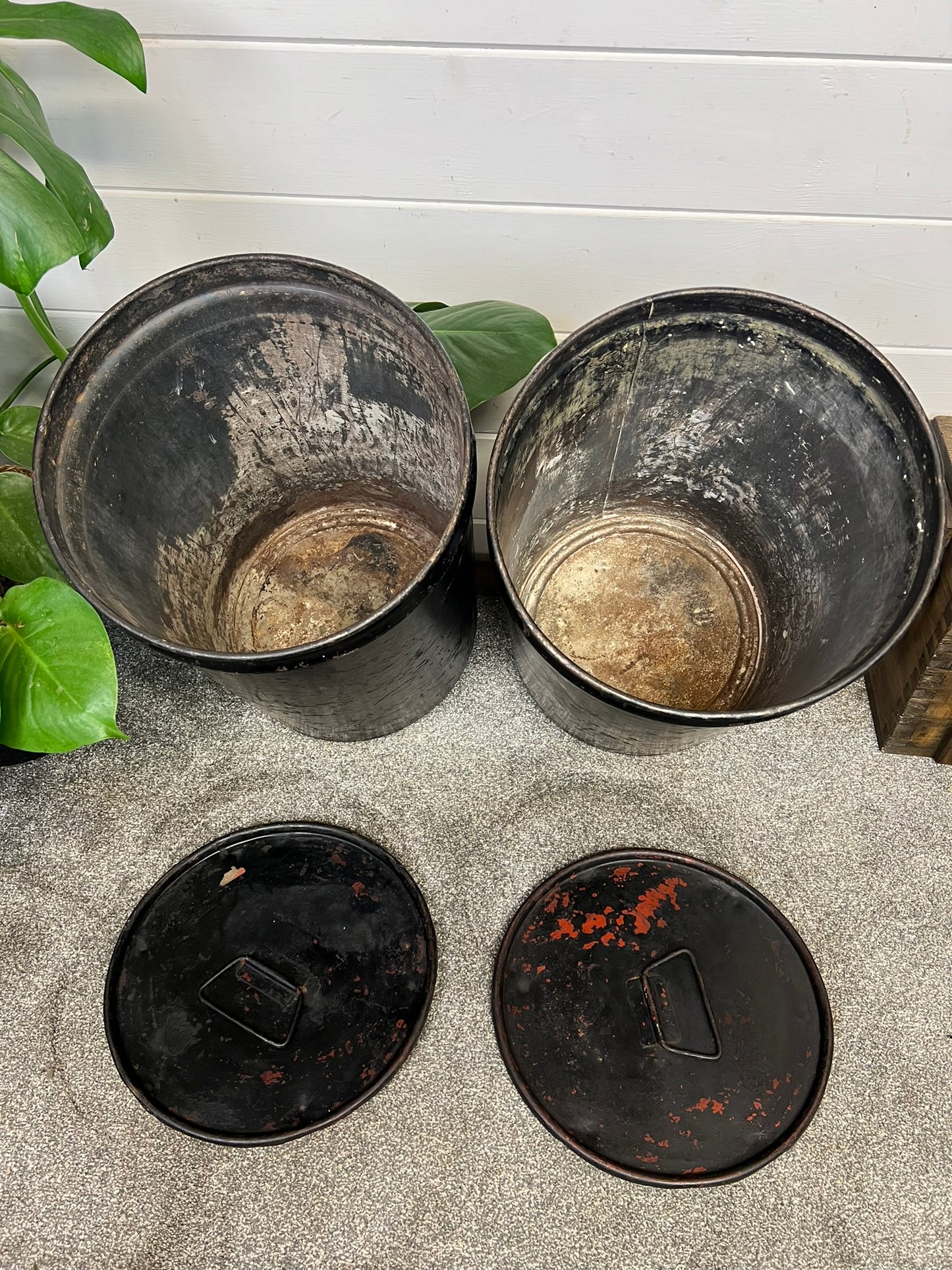 2x Small Metal Drums With Lids Vintage Display Storage Upcycle Stools Industrial Decor