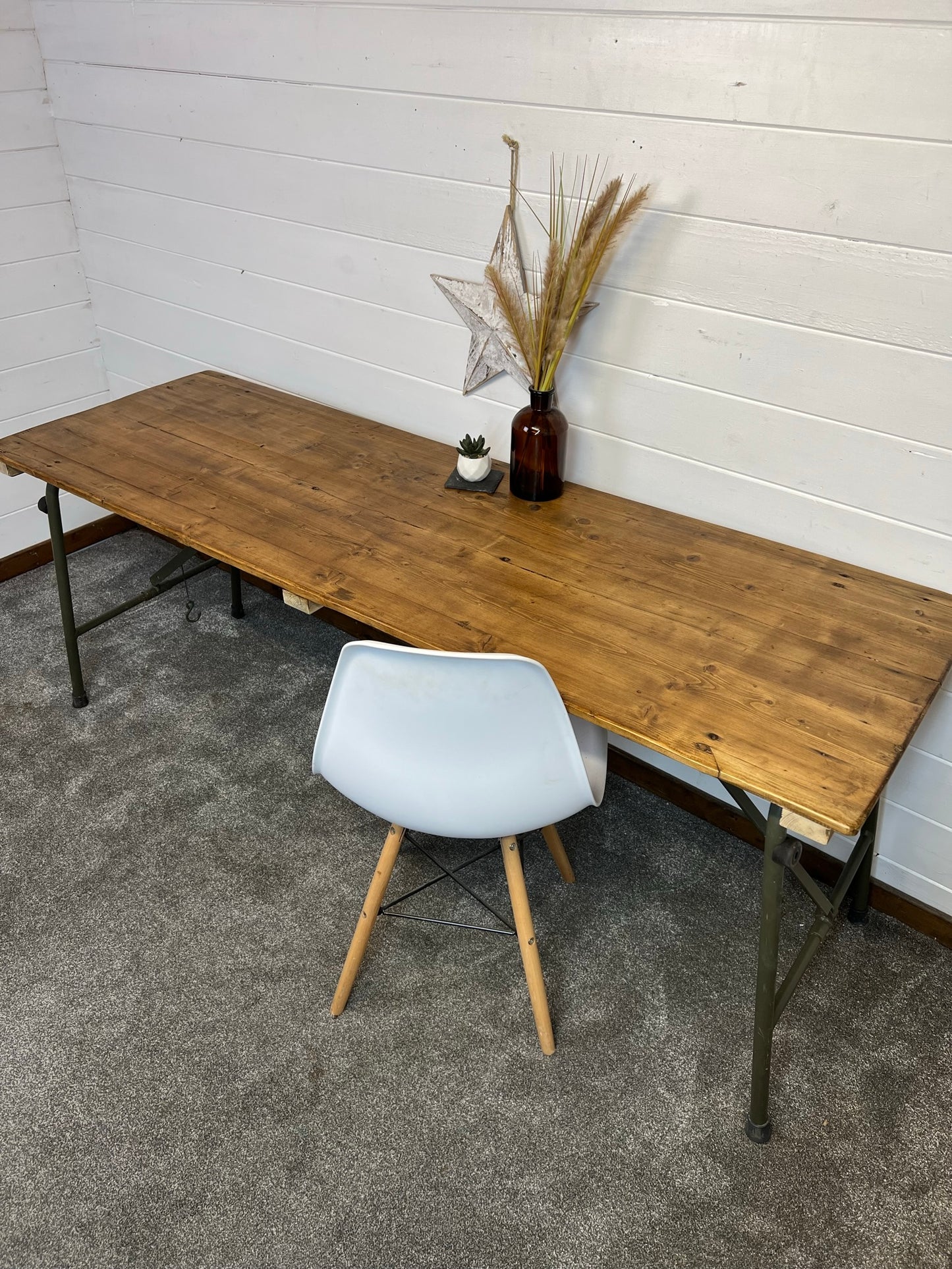 Vintage Wooden Folding Trestle Table Rustic Industrial Farmhouse Dining Desk Garden Catering Market Stall