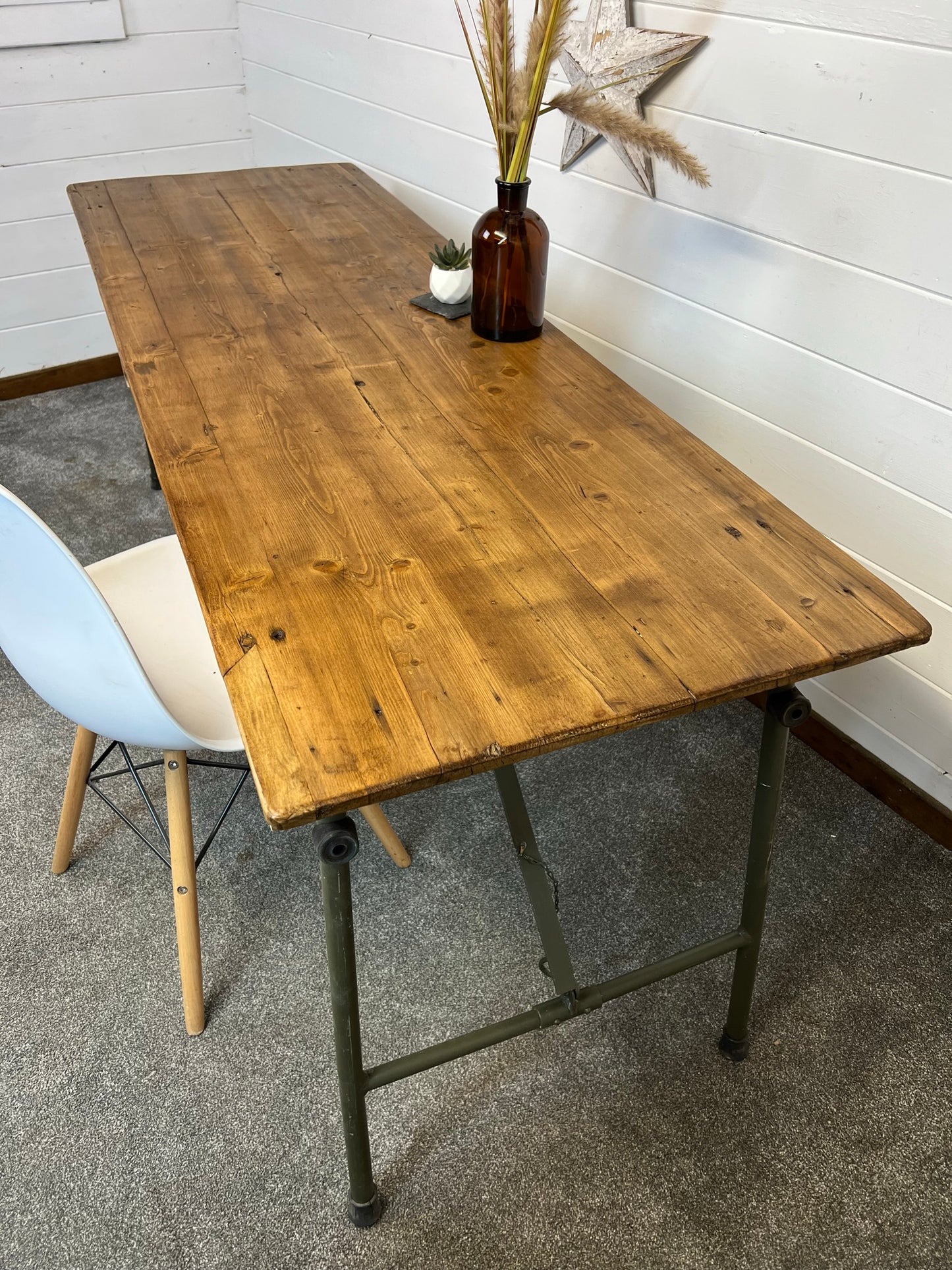Vintage Wooden Folding Trestle Table Rustic Industrial Farmhouse Dining Desk Garden Catering Market Stall