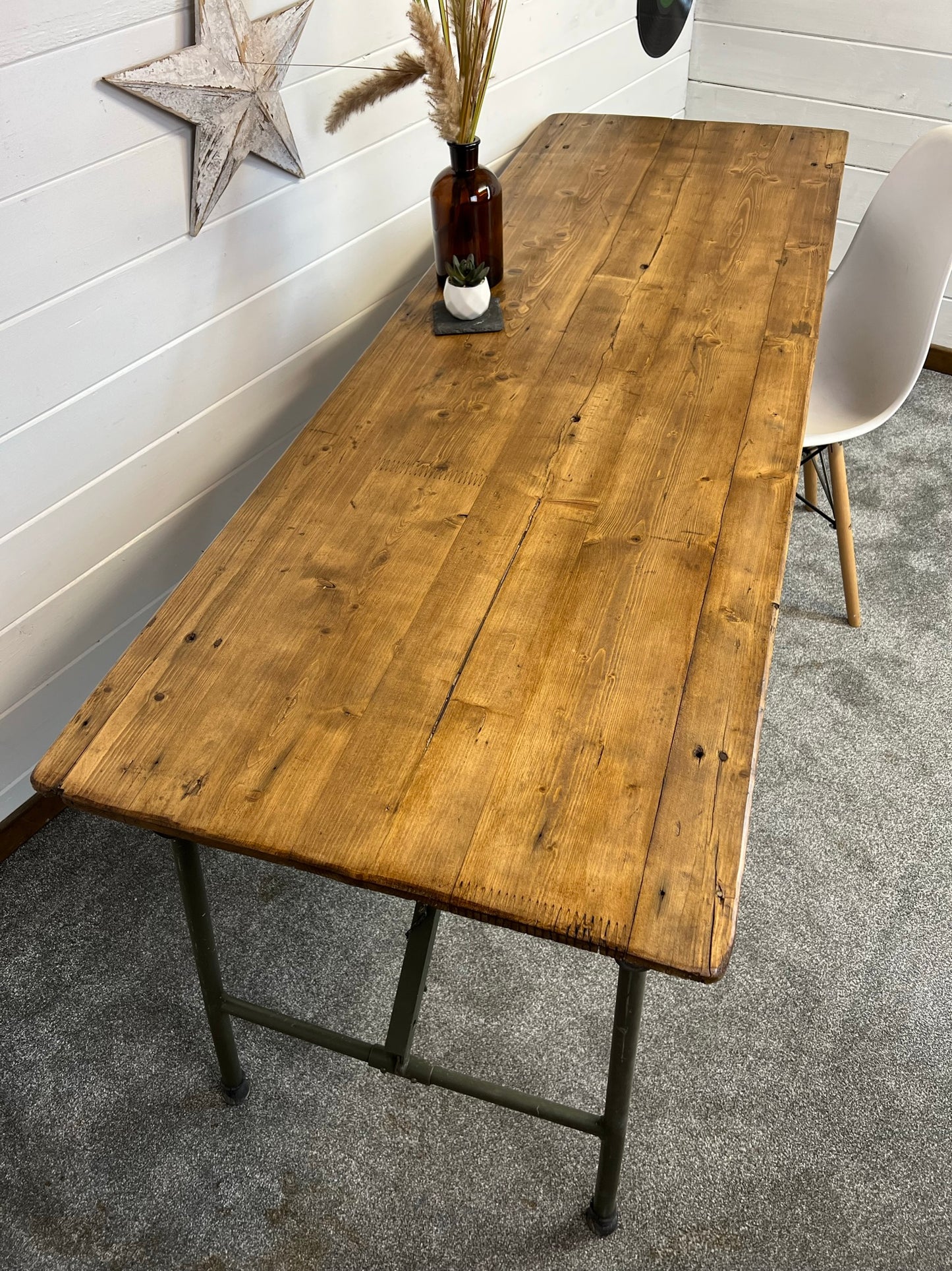 Vintage Wooden Folding Trestle Table Rustic Industrial Farmhouse Dining Desk Garden Catering Market Stall