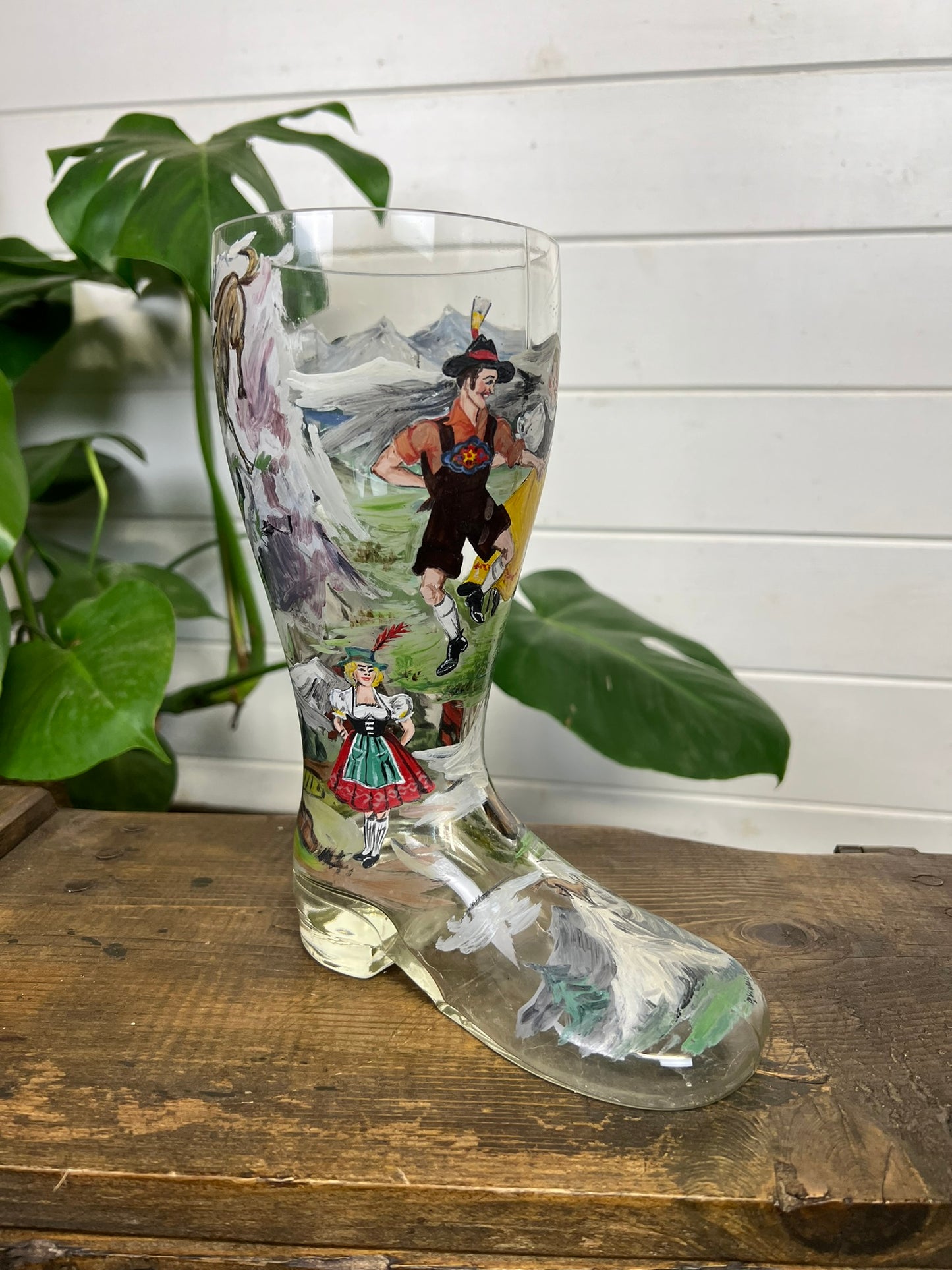 Vintage Glass Beer Boot Hand Painted German Folk Dancing Scene Quirky Display
