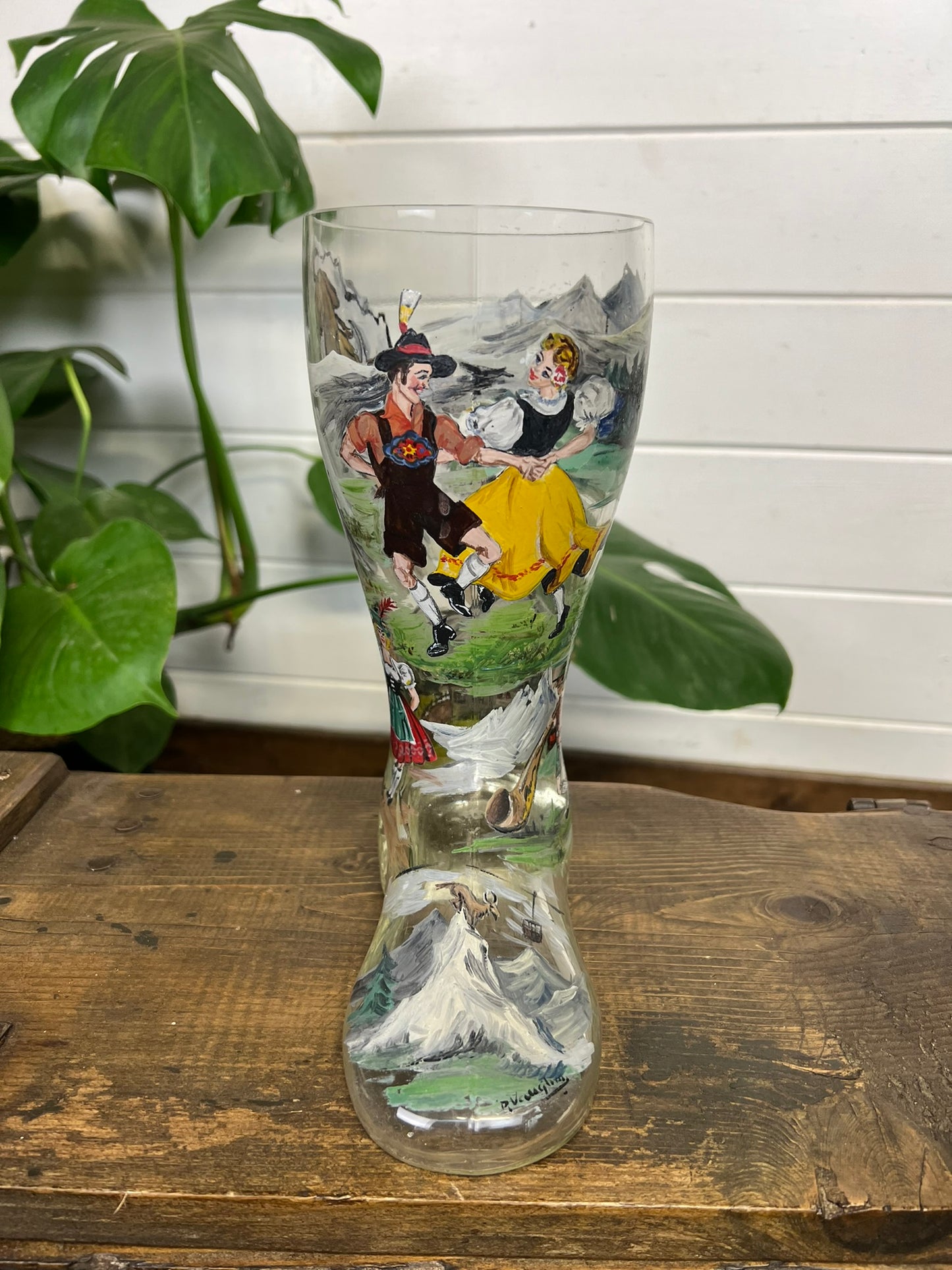 Vintage Glass Beer Boot Hand Painted German Folk Dancing Scene Quirky Display