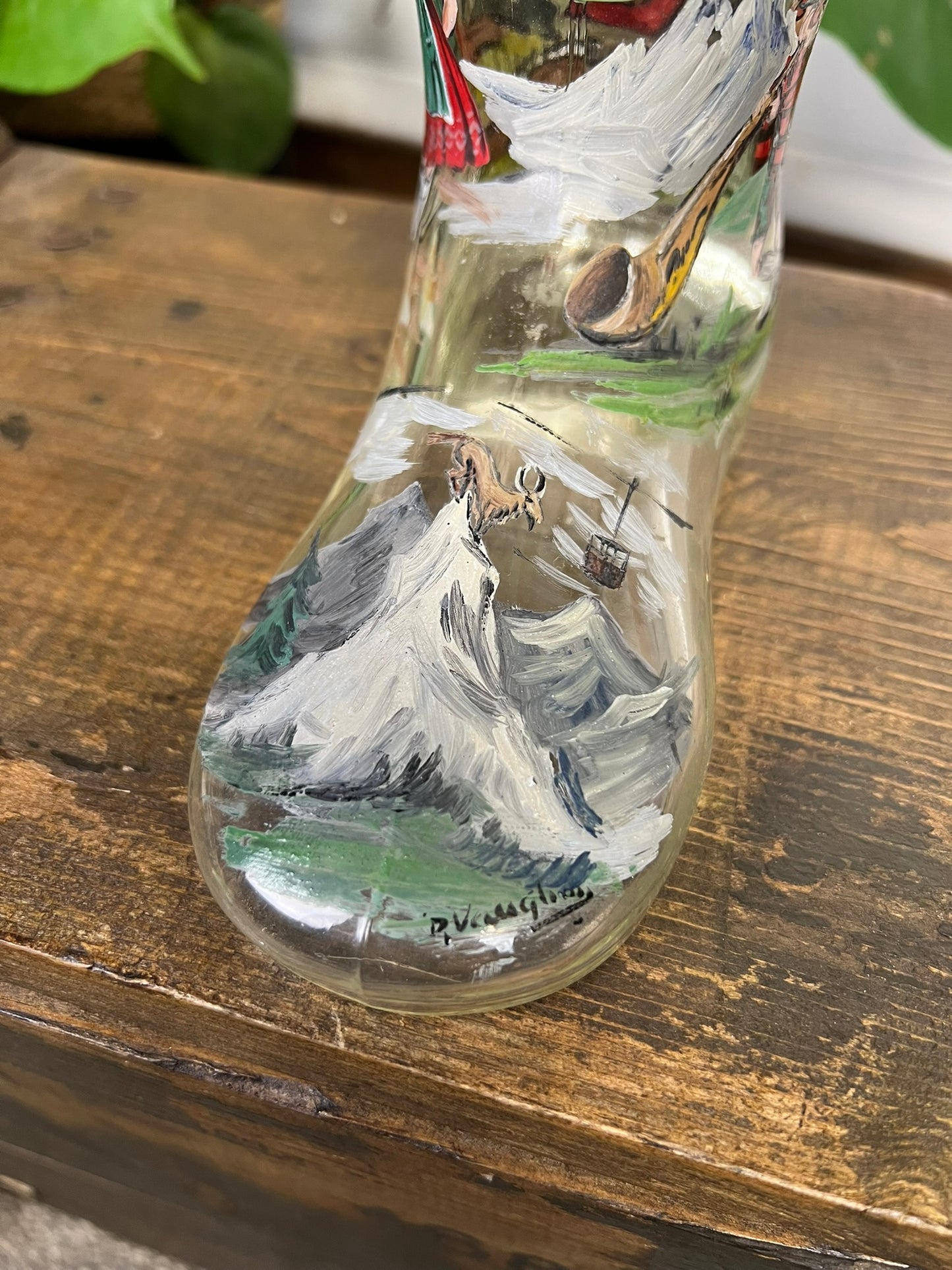 Vintage Glass Beer Boot Hand Painted German Folk Dancing Scene Quirky Display