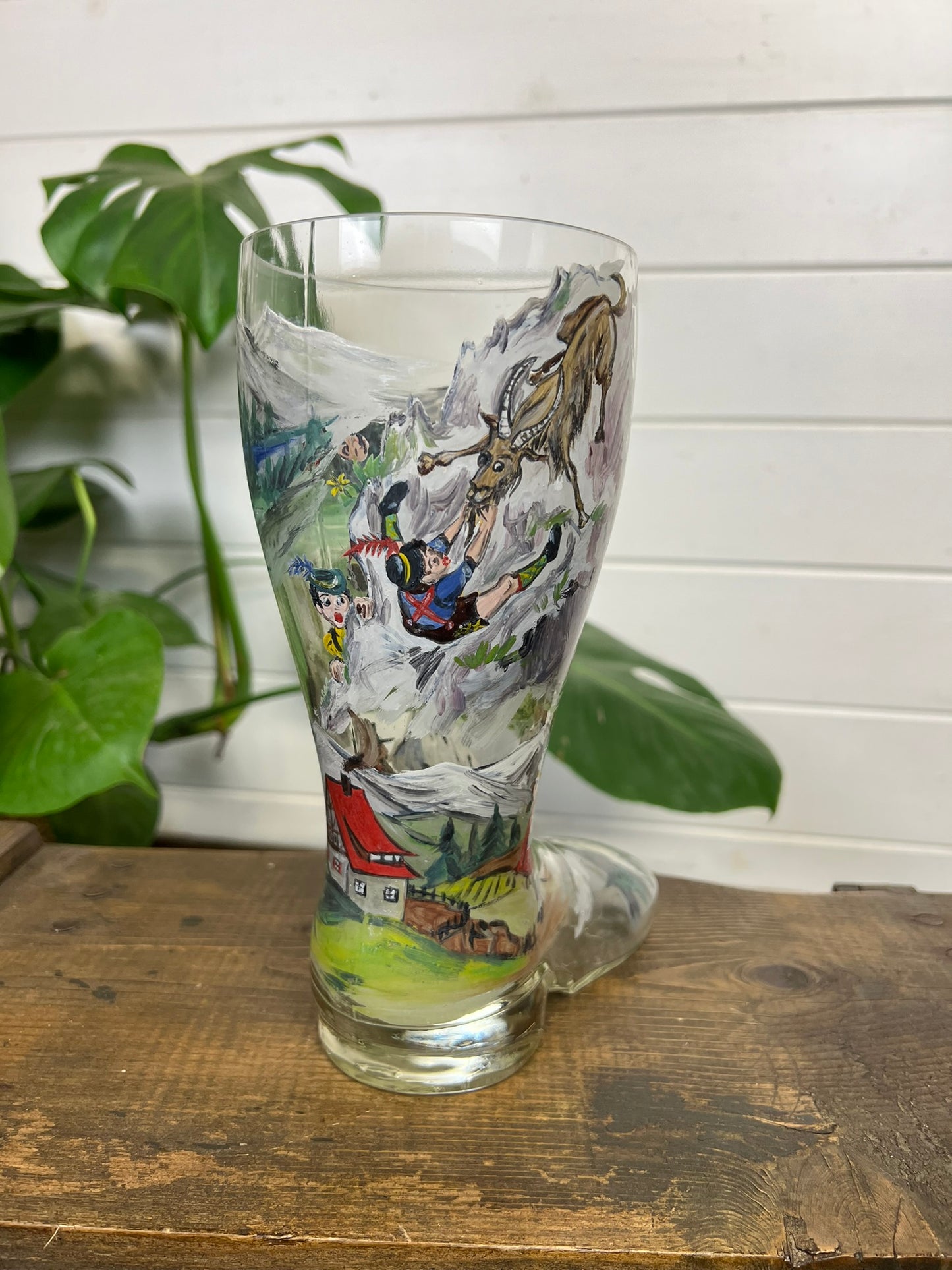 Vintage Glass Beer Boot Hand Painted German Folk Dancing Scene Quirky Display