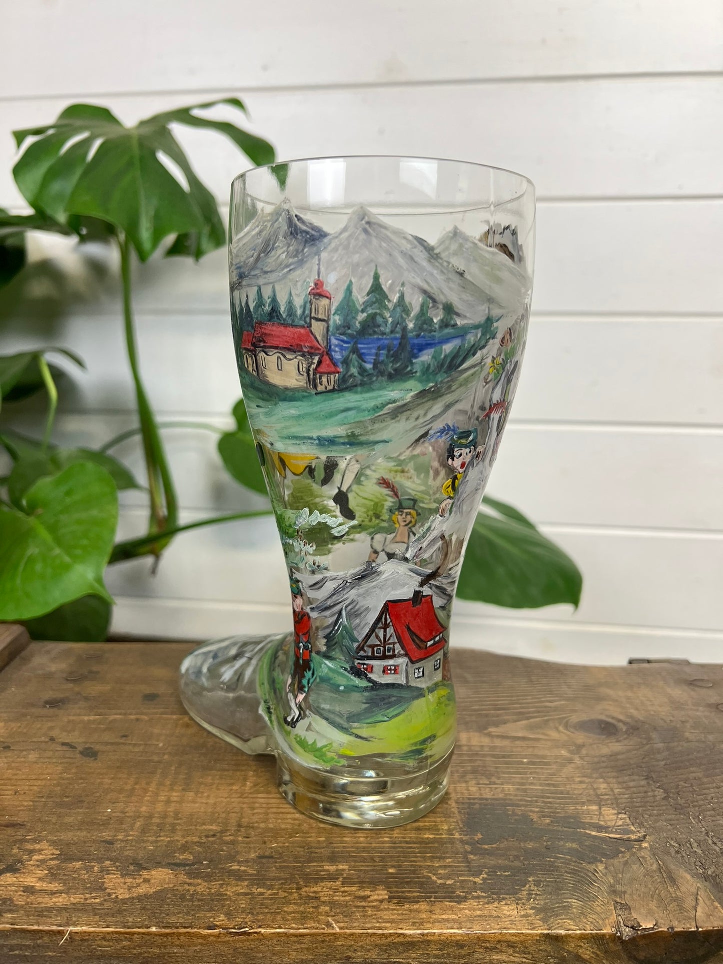 Vintage Glass Beer Boot Hand Painted German Folk Dancing Scene Quirky Display