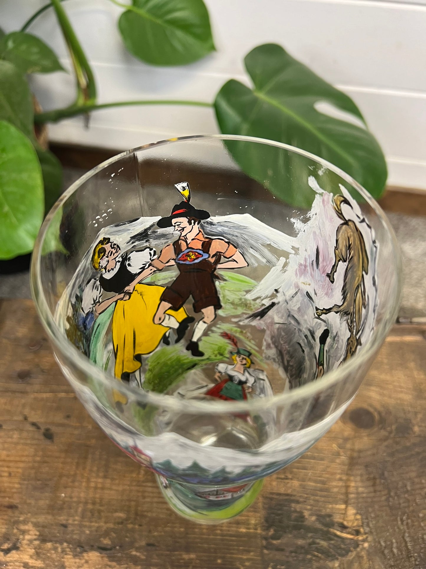 Vintage Glass Beer Boot Hand Painted German Folk Dancing Scene Quirky Display