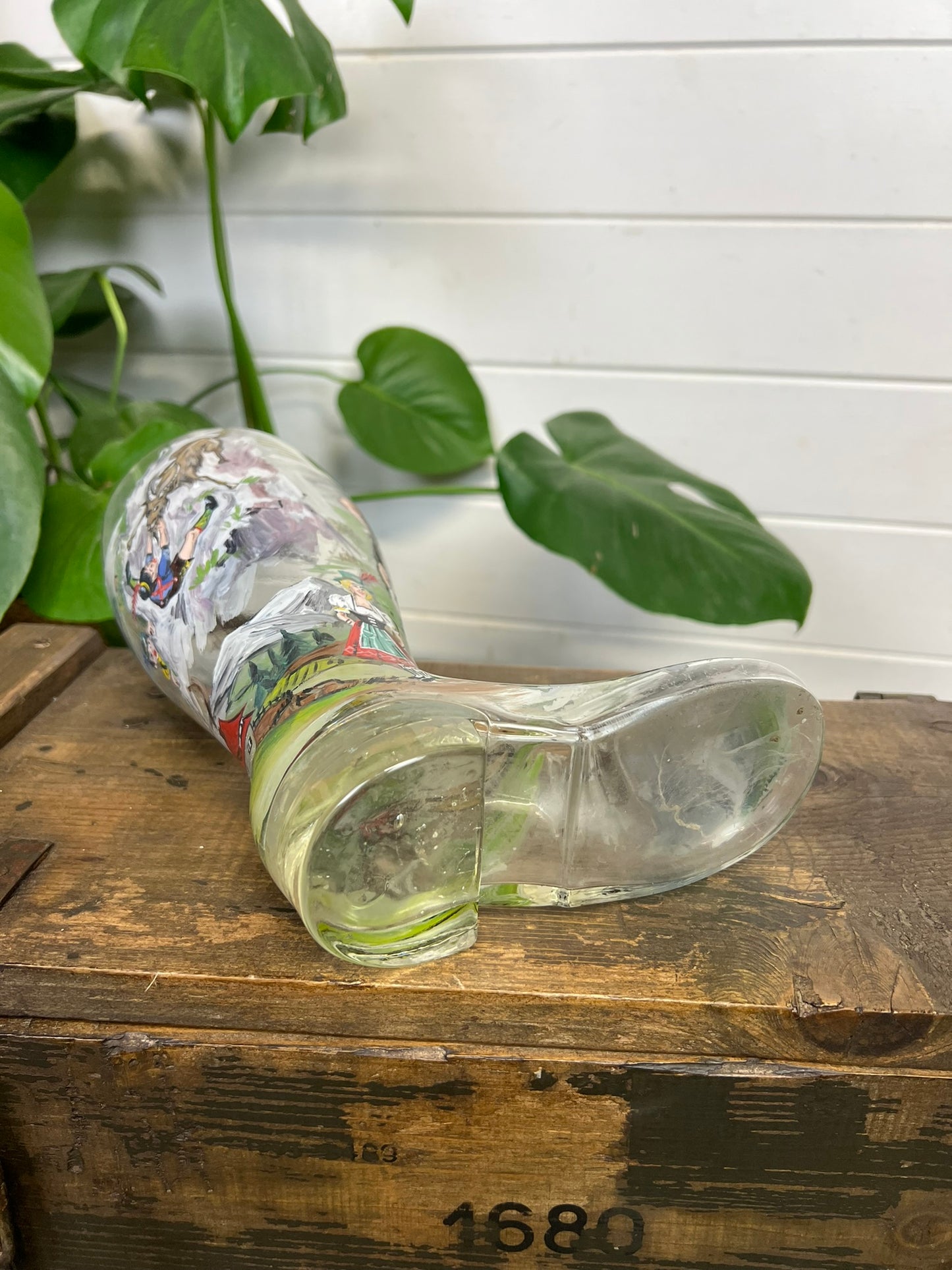 Vintage Glass Beer Boot Hand Painted German Folk Dancing Scene Quirky Display