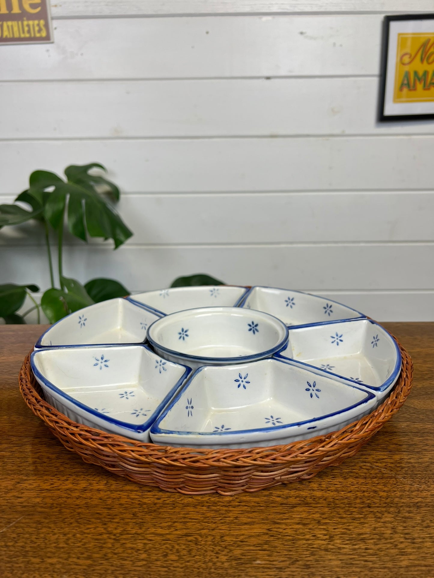 Vintage Ceramic Cobalt And White Serving Dish Tidbit Bowl In Wicker Basket