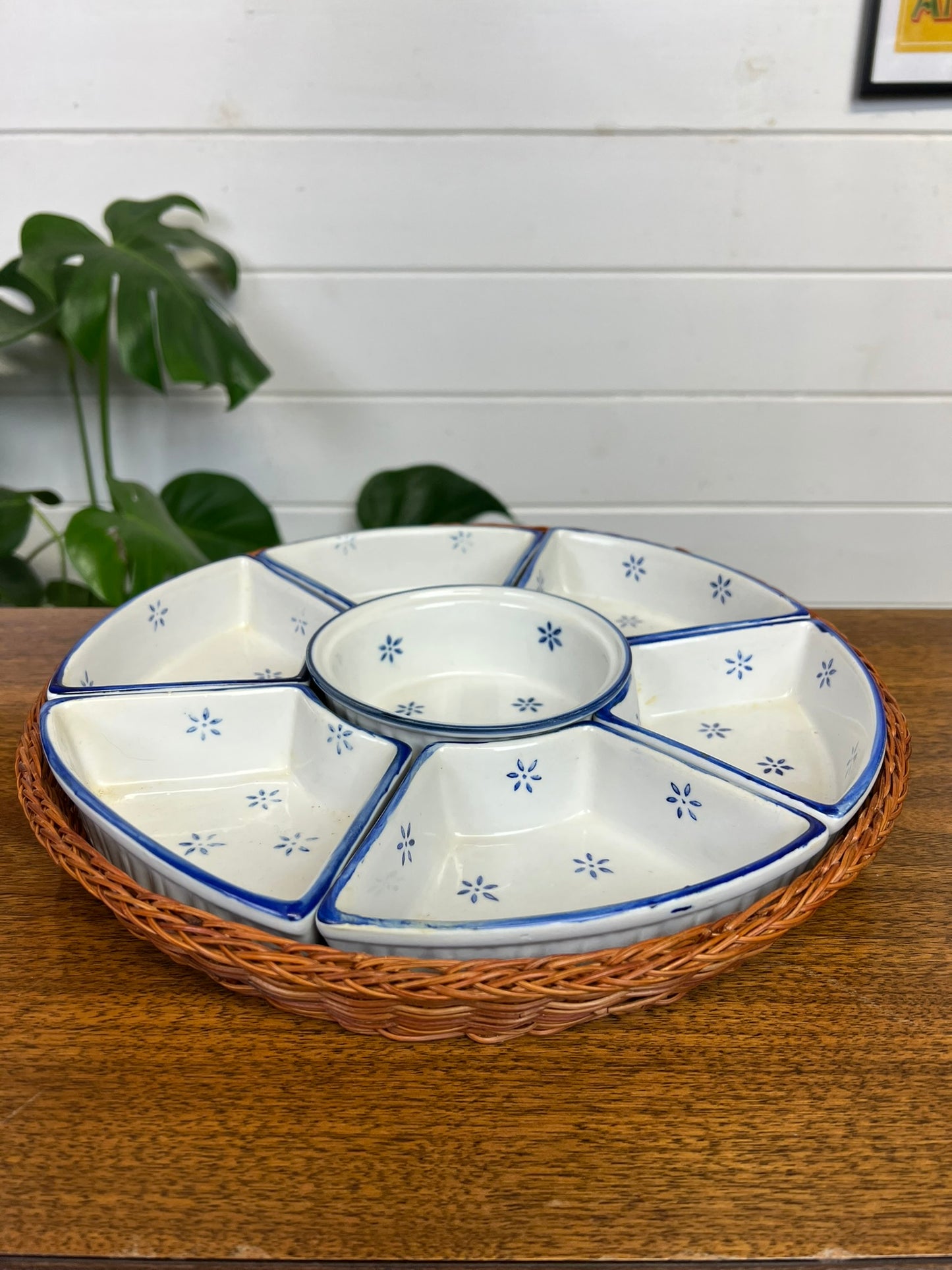 Vintage Ceramic Cobalt And White Serving Dish Tidbit Bowl In Wicker Basket
