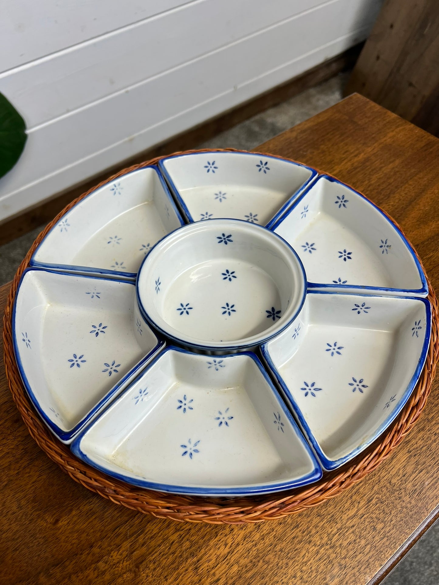 Vintage Ceramic Cobalt And White Serving Dish Tidbit Bowl In Wicker Basket