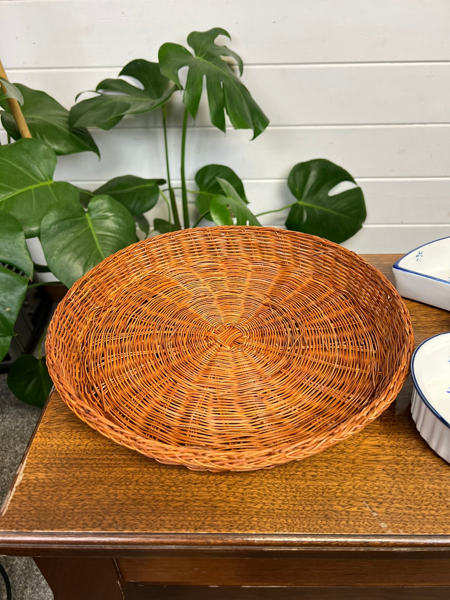 Vintage Ceramic Cobalt And White Serving Dish Tidbit Bowl In Wicker Basket