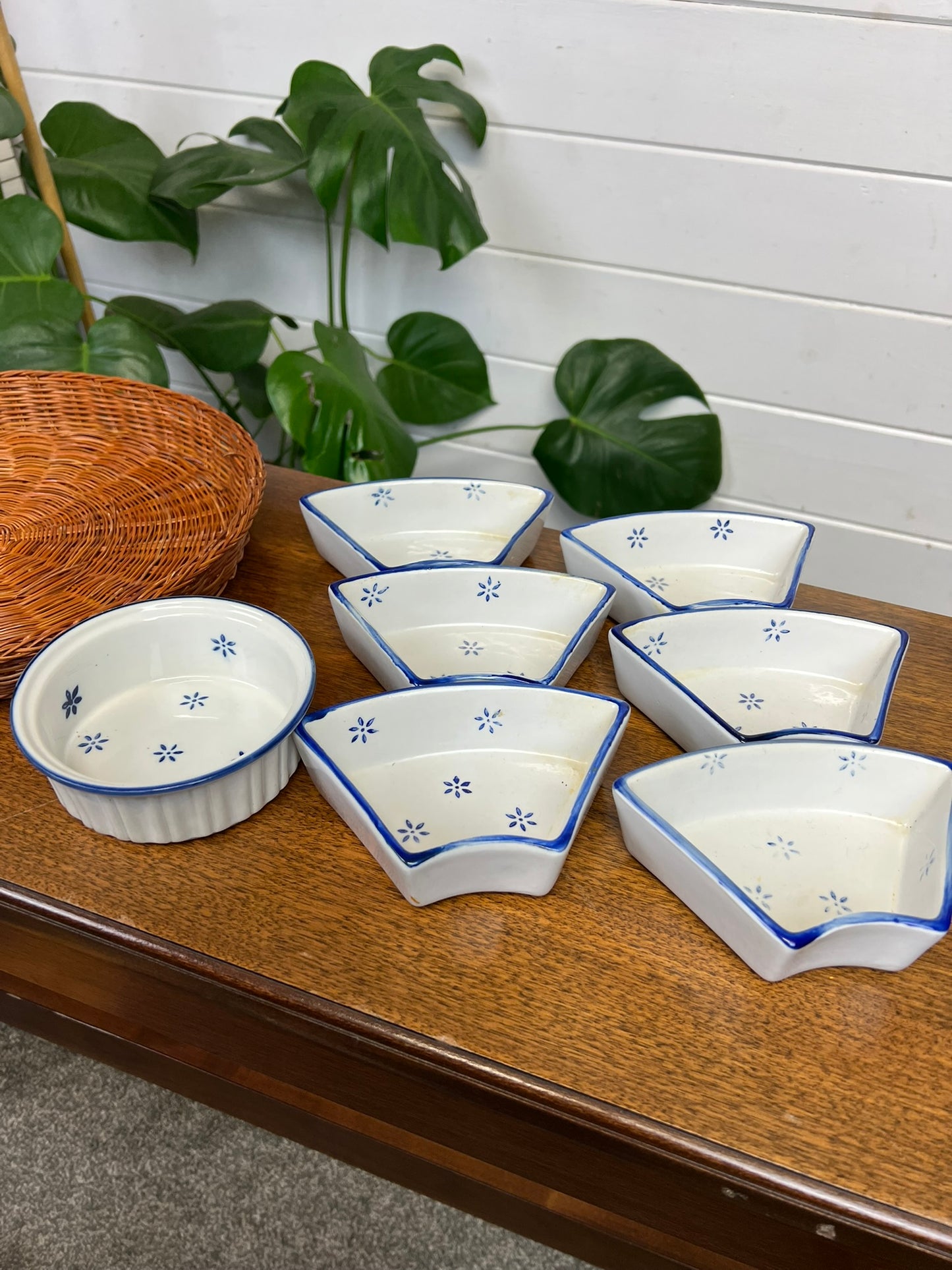Vintage Ceramic Cobalt And White Serving Dish Tidbit Bowl In Wicker Basket