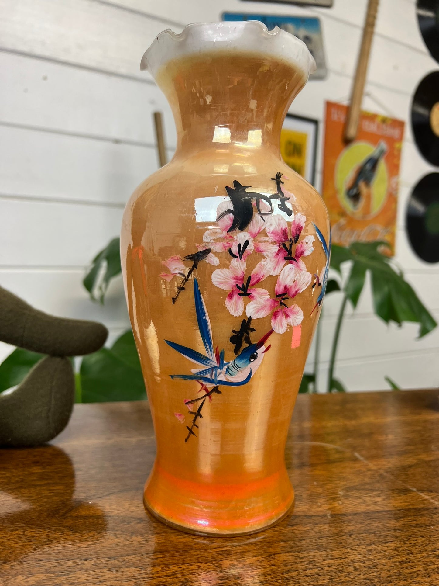 Vintage Peach Lustre Glass Vase Mid Century Decorative Oriental Hand Painted Display Boho Decor
