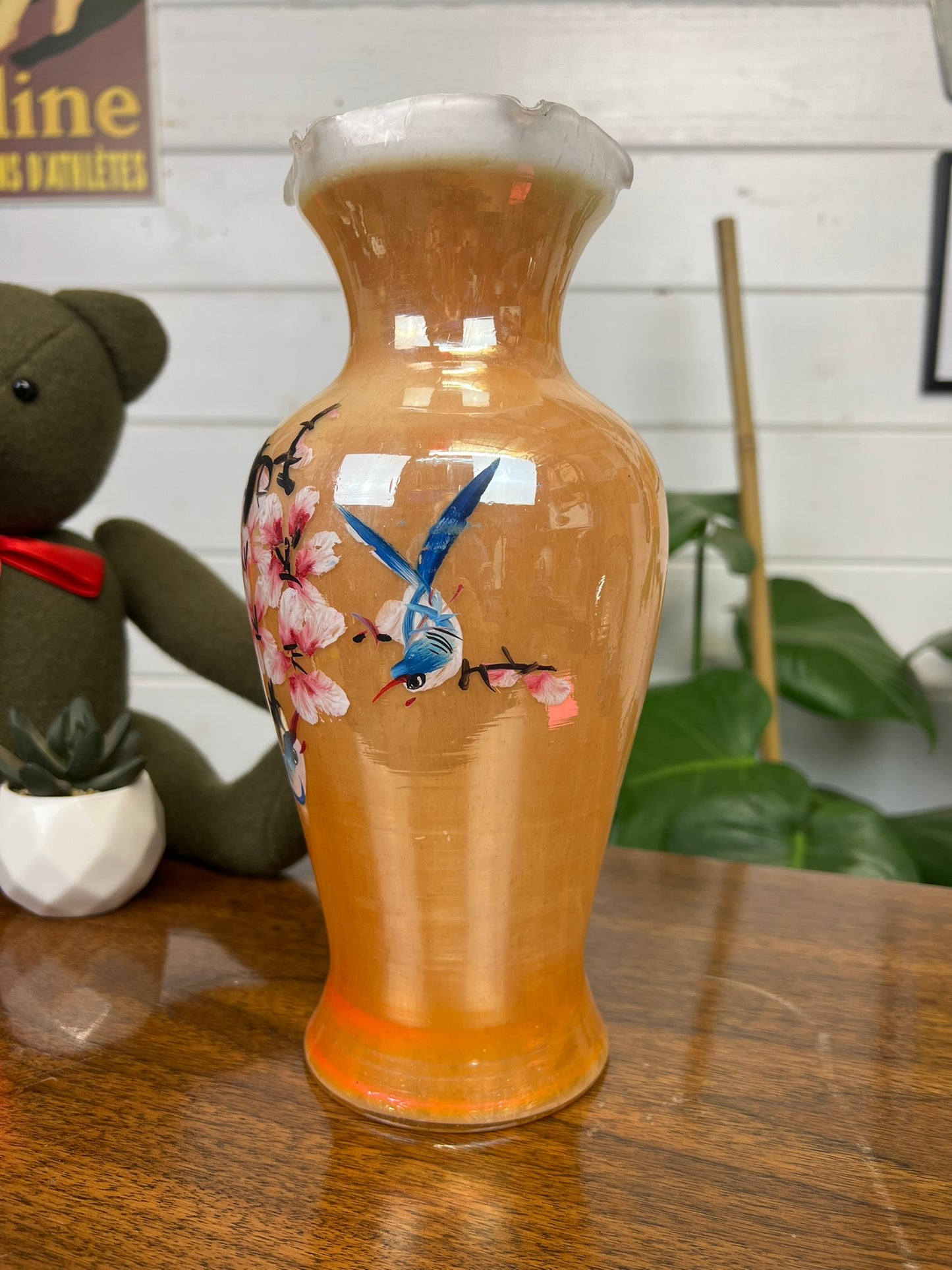 Vintage Peach Lustre Glass Vase Mid Century Decorative Oriental Hand Painted Display Boho Decor
