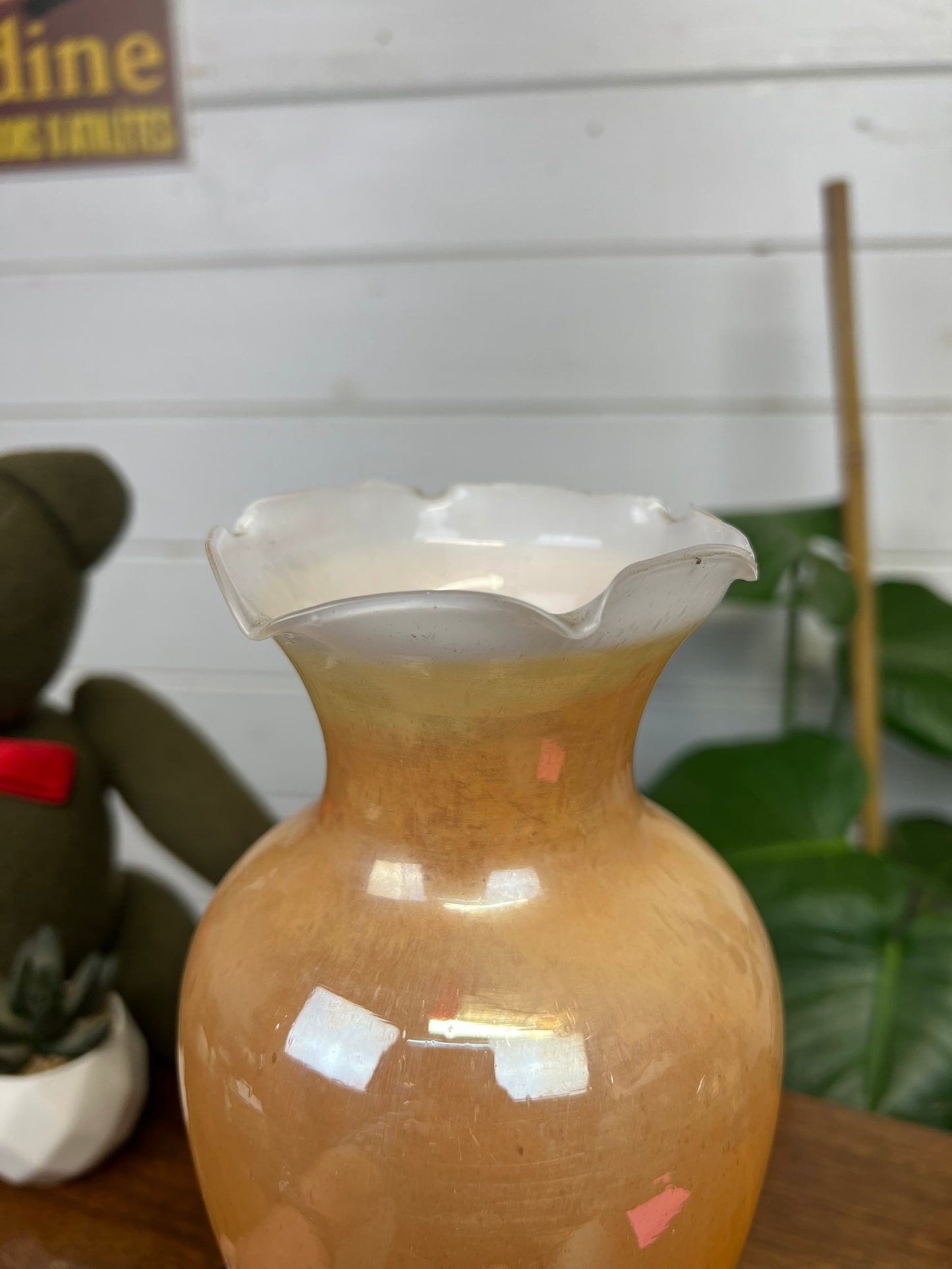 Vintage Peach Lustre Glass Vase Mid Century Decorative Oriental Hand Painted Display Boho Decor