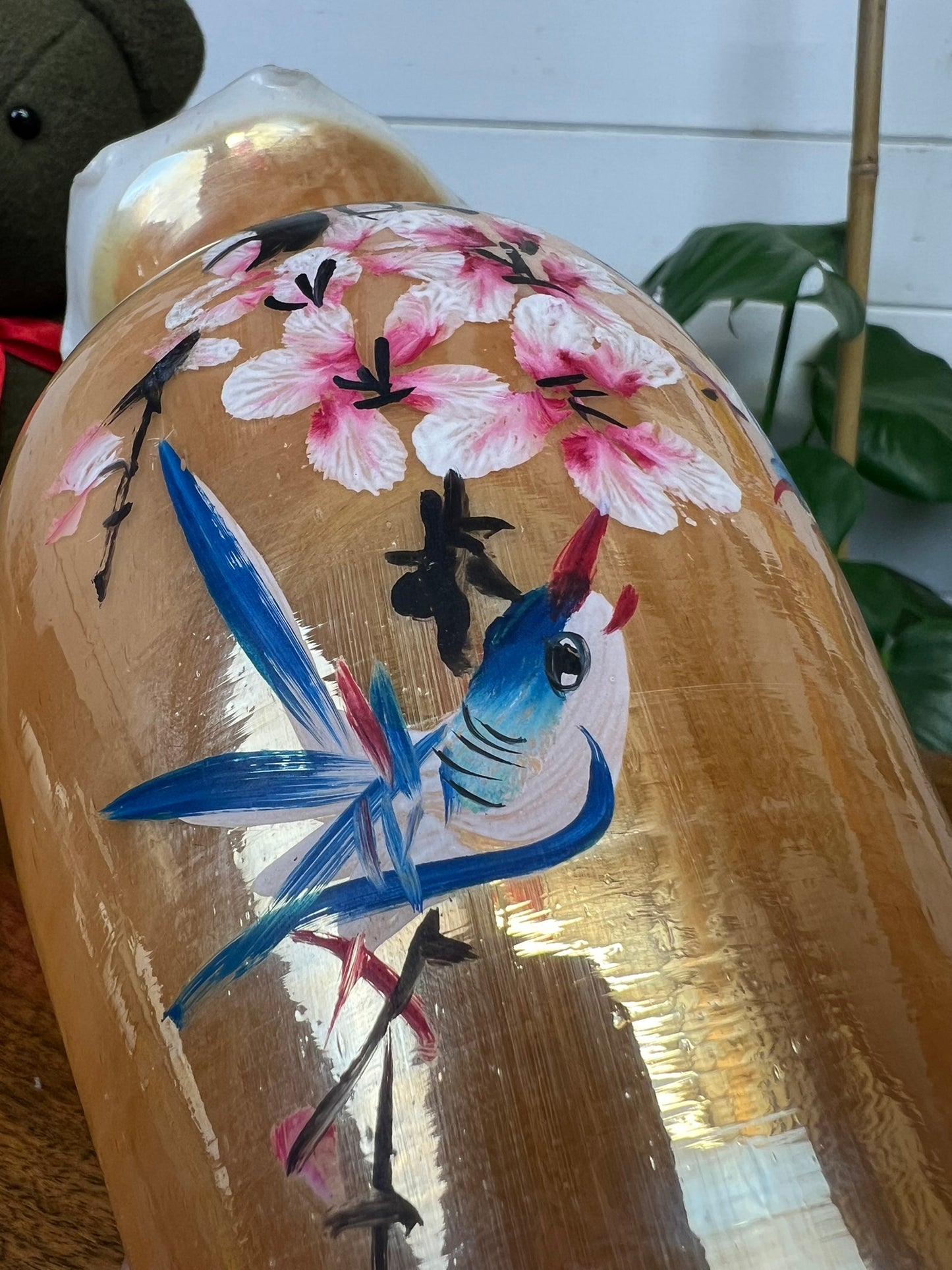 Vintage Peach Lustre Glass Vase Mid Century Decorative Oriental Hand Painted Display Boho Decor