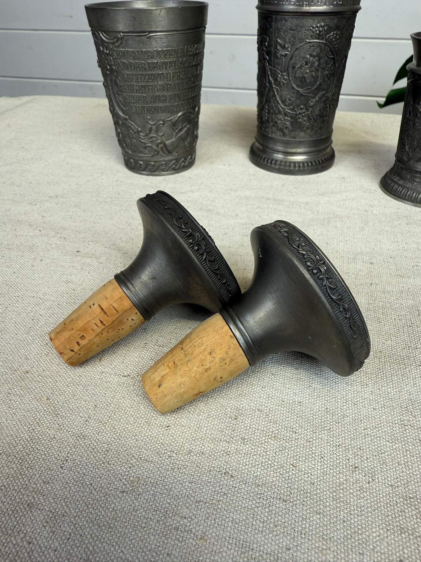 Vintage German Pewter Goblet & Wine Cork Job Lot WMF Zinn Guetezeichen Zinngerat 70's Tavern Decor