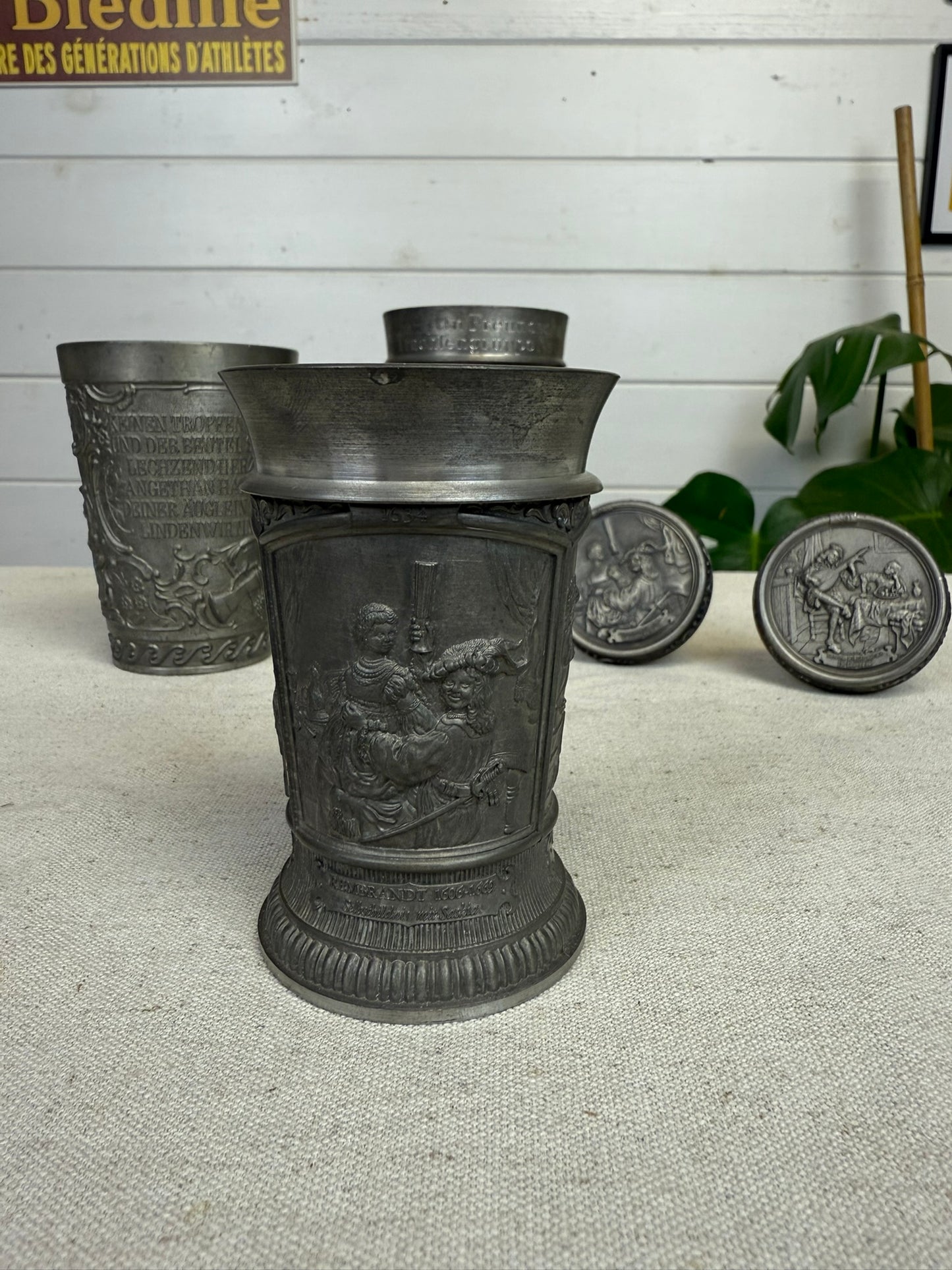 Vintage German Pewter Goblet & Wine Cork Job Lot WMF Zinn Guetezeichen Zinngerat 70's Tavern Decor