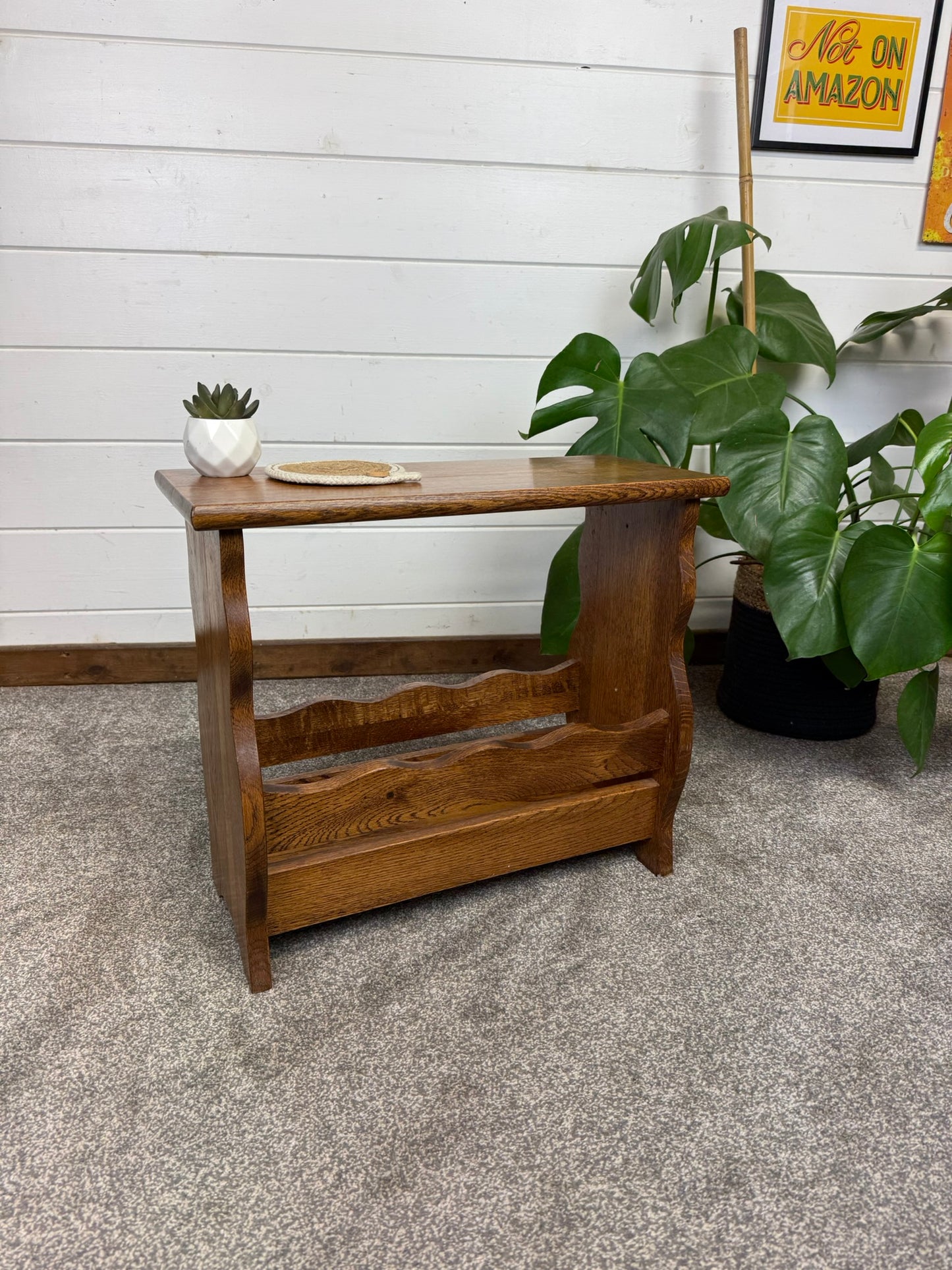 Vintage Mid Century Solid Oak Magazine Rack Side Table Rustic Home Coffee Table