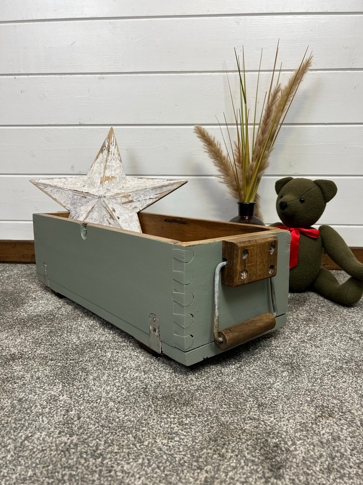 Vintage Reclaimed Wooden Storage Box Country Green & Waxed Rustic Boho Shop Home Decor