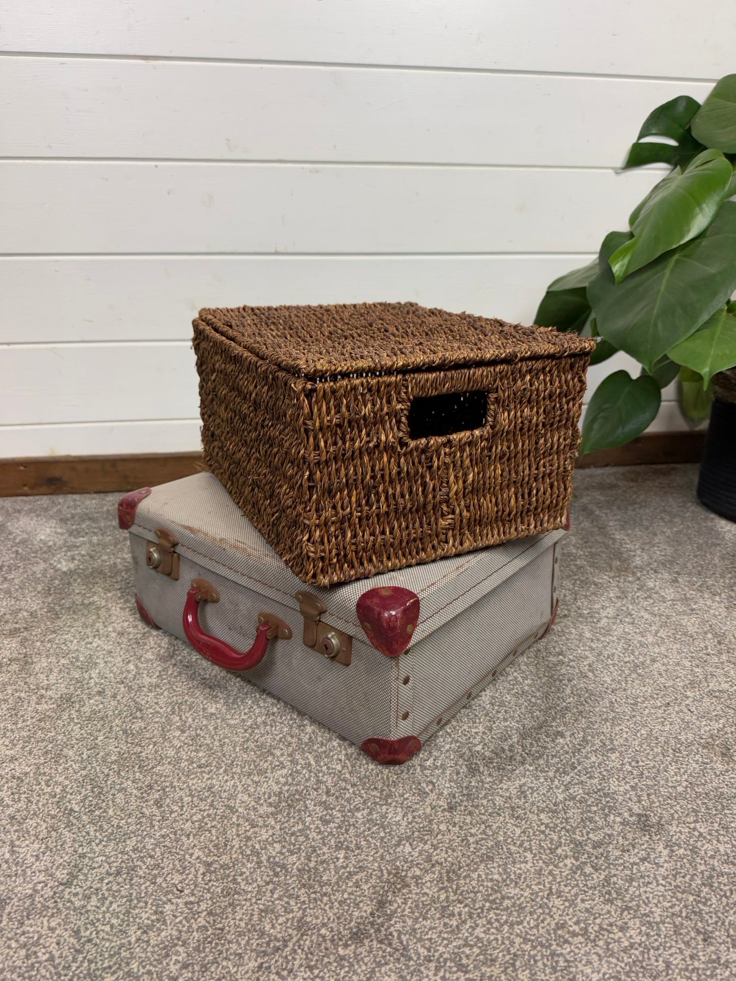 Vintage Suitcase & Wicker Basket Job Lot Boho Retro Industrial Decor Photo Prop Display