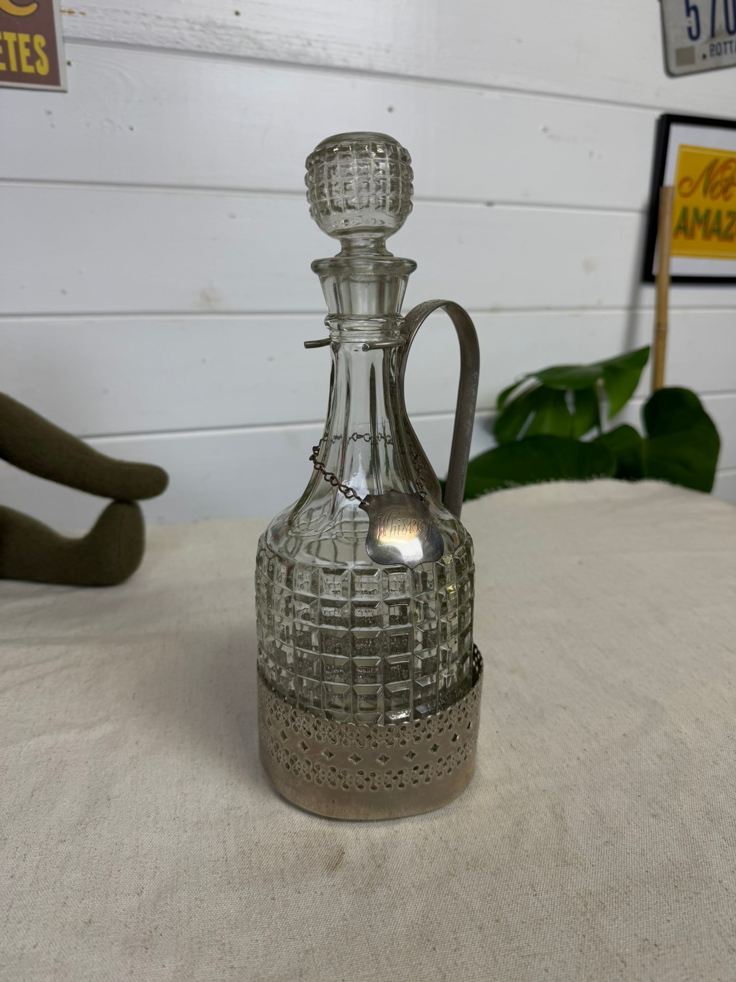 Vintage Cut Glass Whiskey Decanter With Silver Plate Caddy