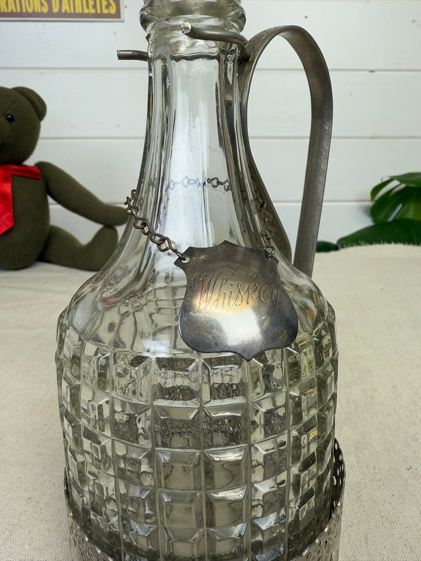 Vintage Cut Glass Whiskey Decanter With Silver Plate Caddy