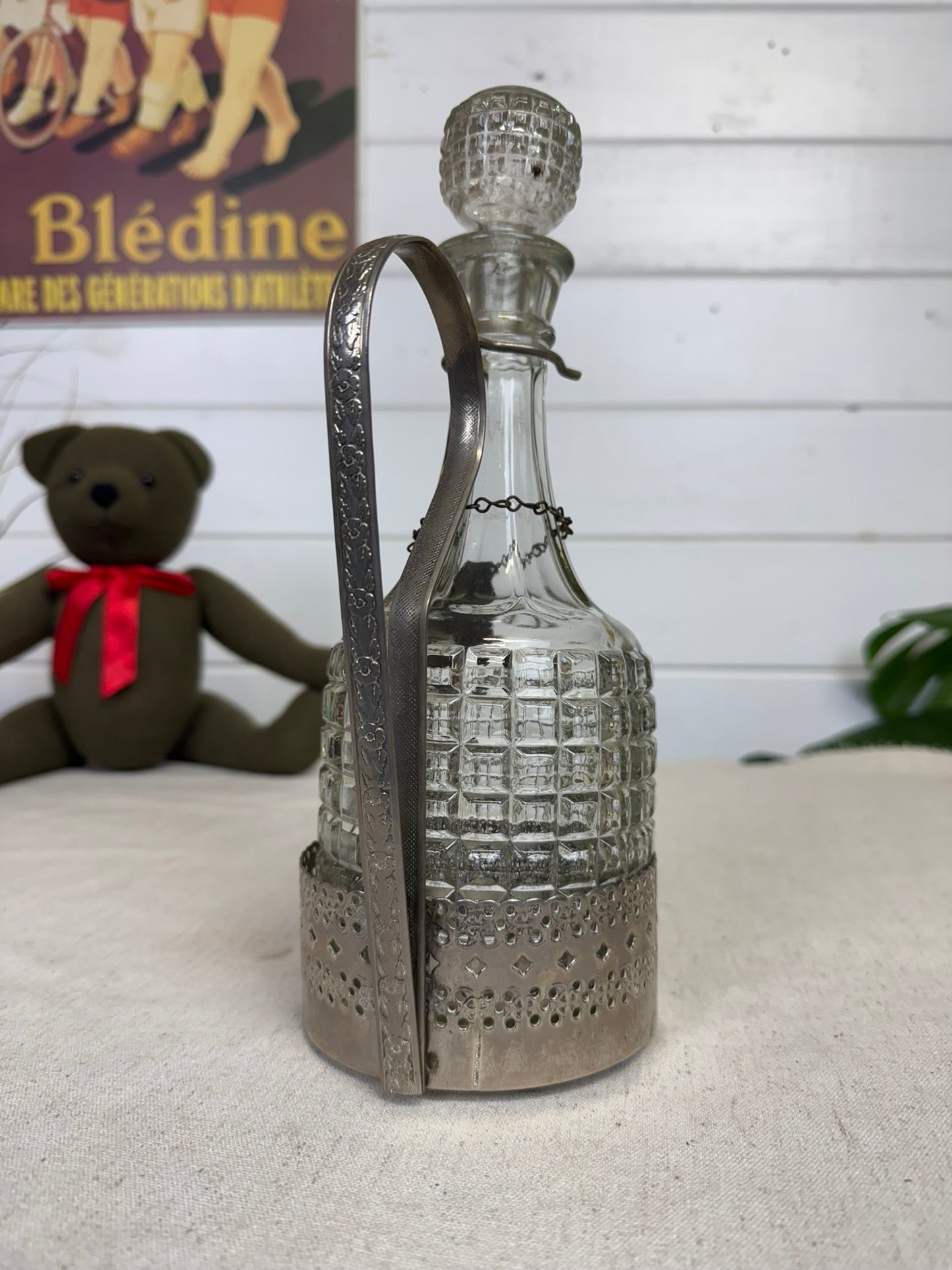 Vintage Cut Glass Whiskey Decanter With Silver Plate Caddy