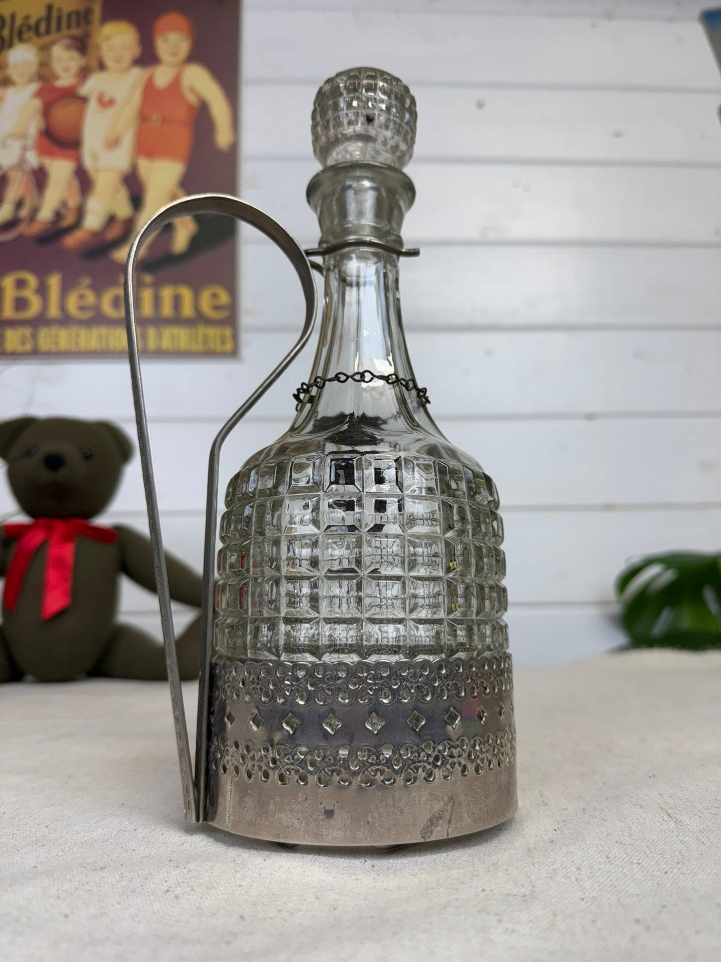Vintage Cut Glass Whiskey Decanter With Silver Plate Caddy