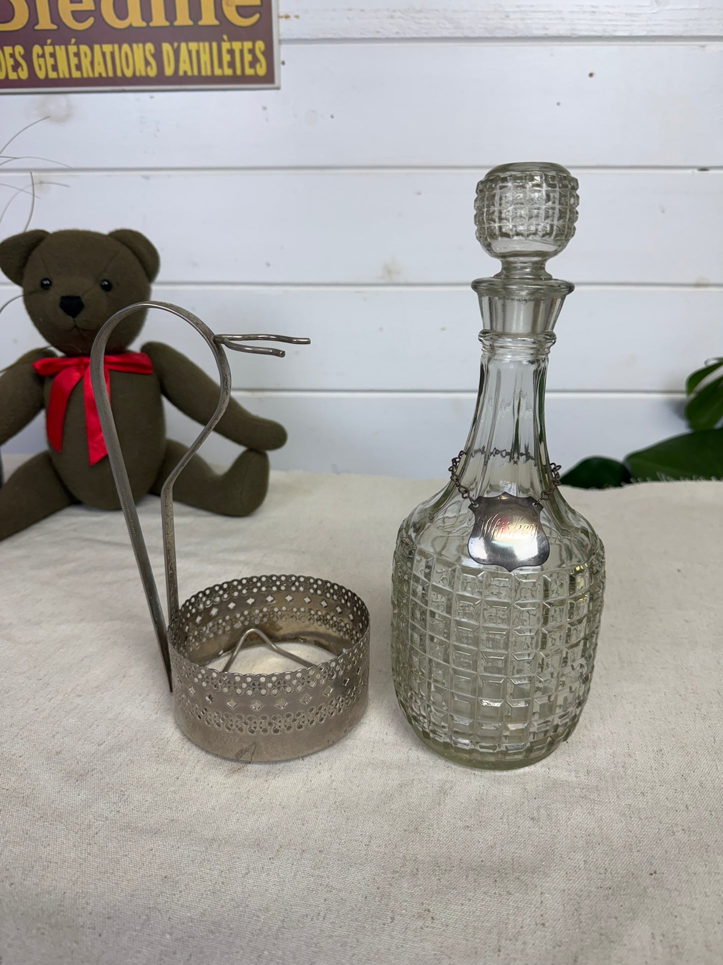 Vintage Cut Glass Whiskey Decanter With Silver Plate Caddy
