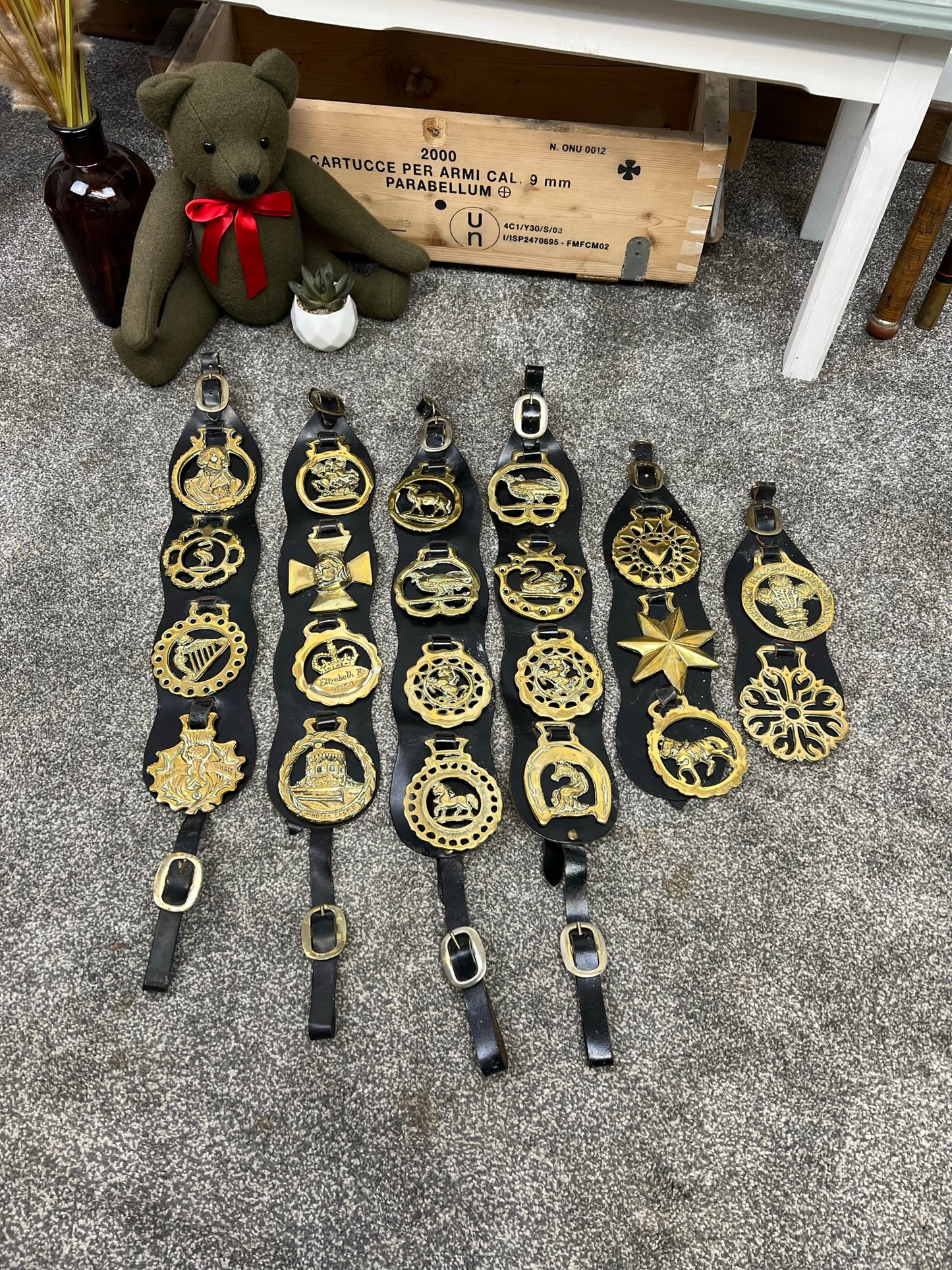 Vintage Horse Brass On Leather Straps Job Lot Bundle x21 Rustic Farmhouse Decor