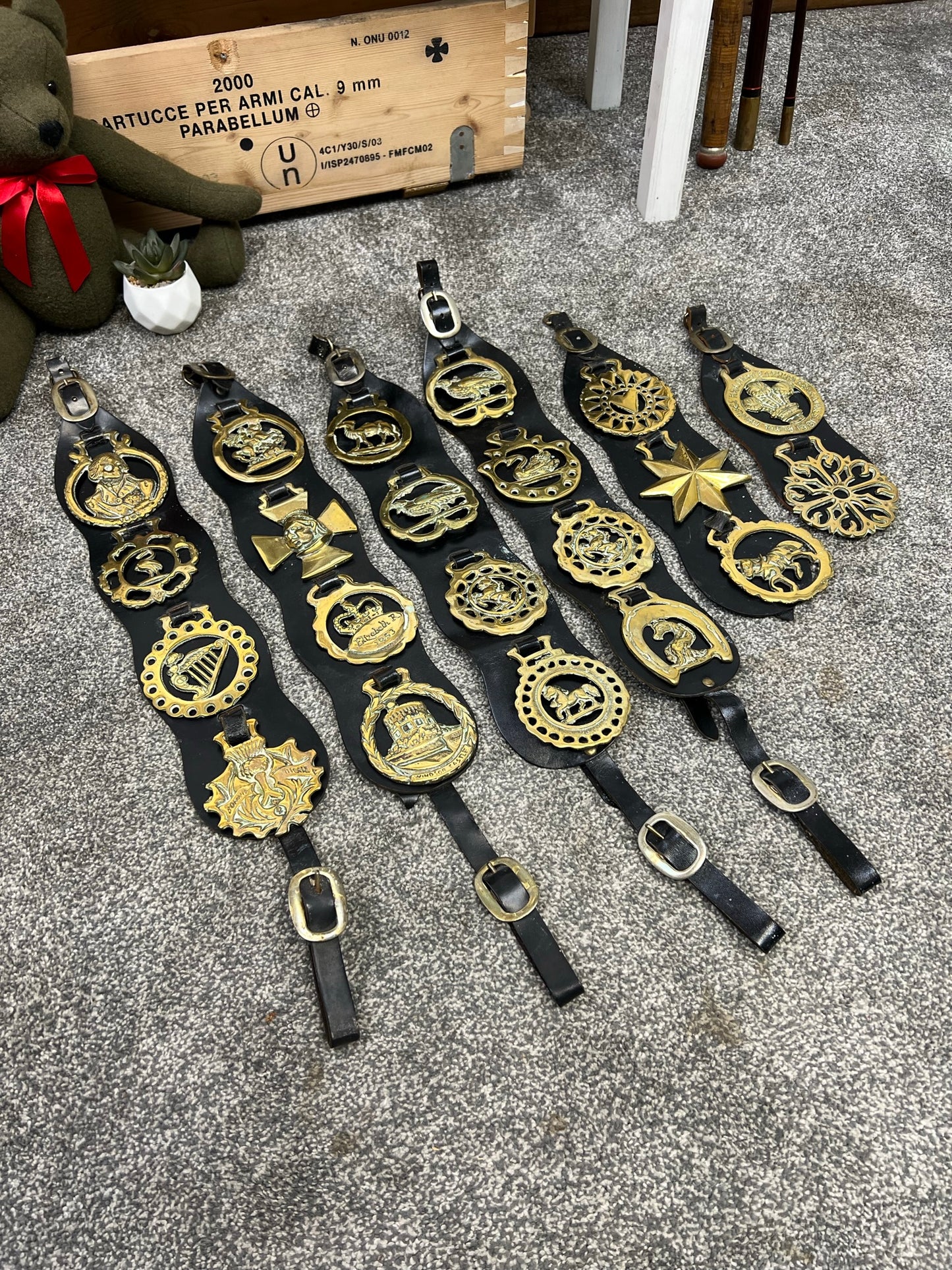 Vintage Horse Brass On Leather Straps Job Lot Bundle x21 Rustic Farmhouse Decor