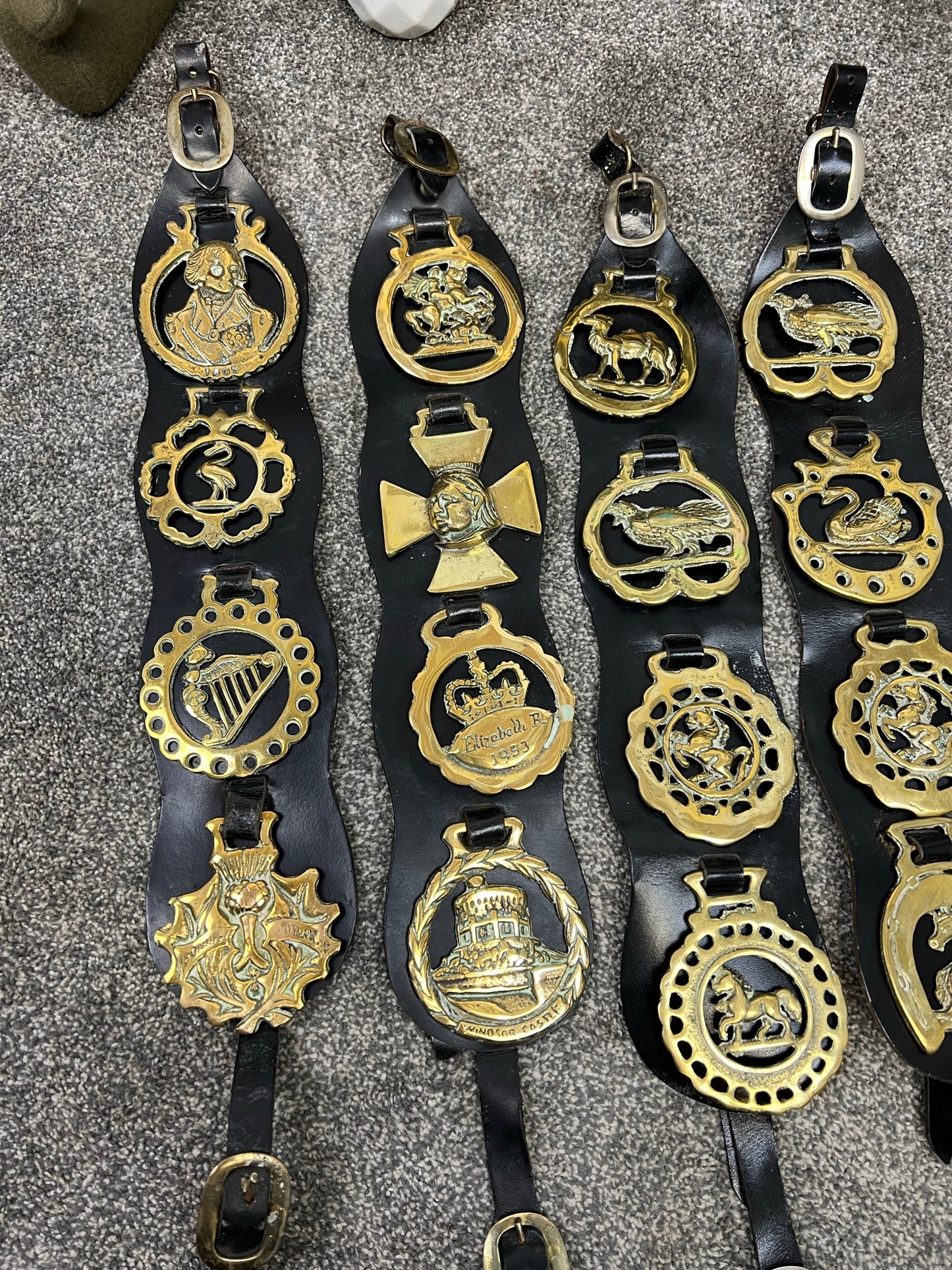 Vintage Horse Brass On Leather Straps Job Lot Bundle x21 Rustic Farmhouse Decor