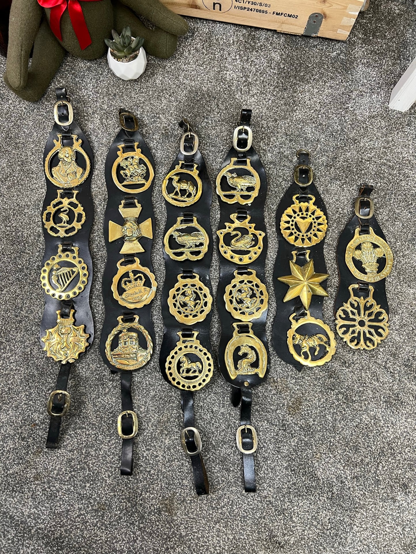 Vintage Horse Brass On Leather Straps Job Lot Bundle x21 Rustic Farmhouse Decor