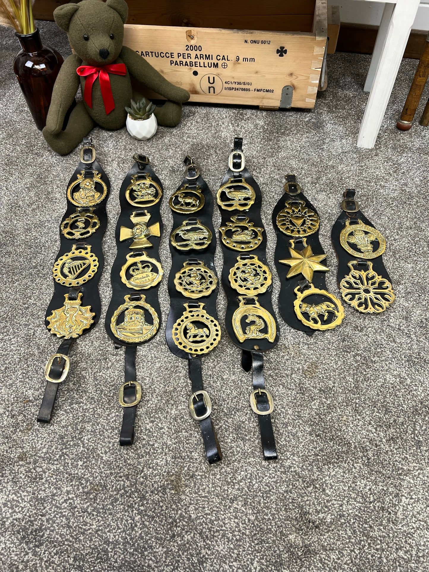 Vintage Horse Brass On Leather Straps Job Lot Bundle x21 Rustic Farmhouse Decor