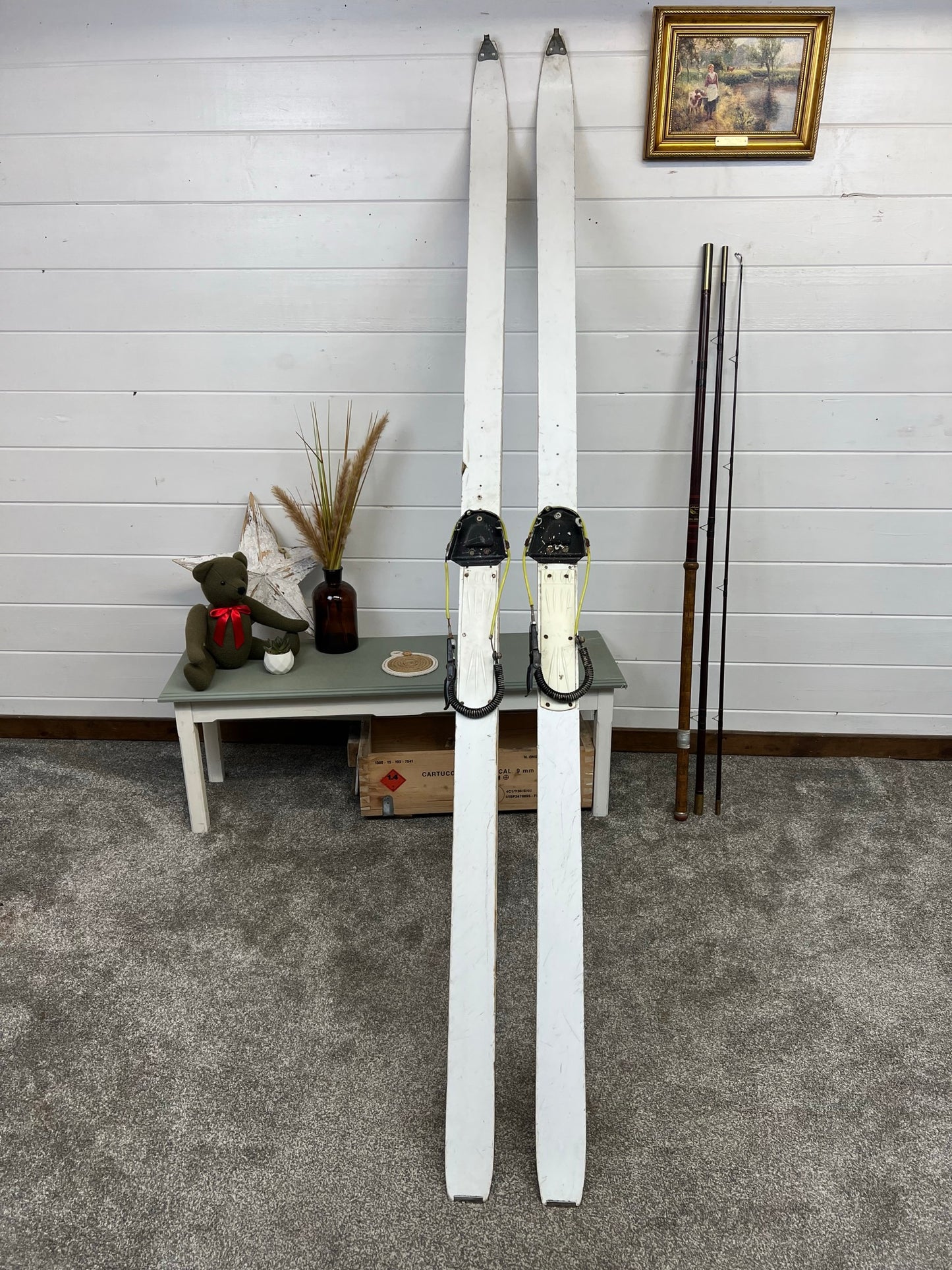 Vintage Ex Army Skis Rustic Christmas Decoration Grotto Ski Wedding Chalet Decor Prop