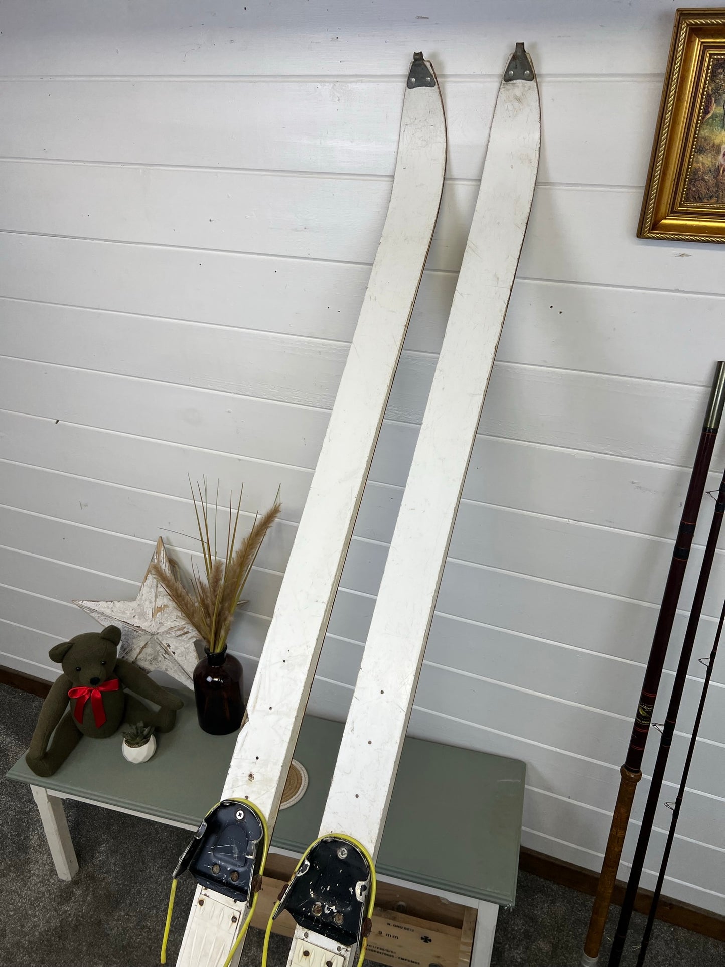 Vintage Ex Army Skis Rustic Christmas Decoration Grotto Ski Wedding Chalet Decor Prop