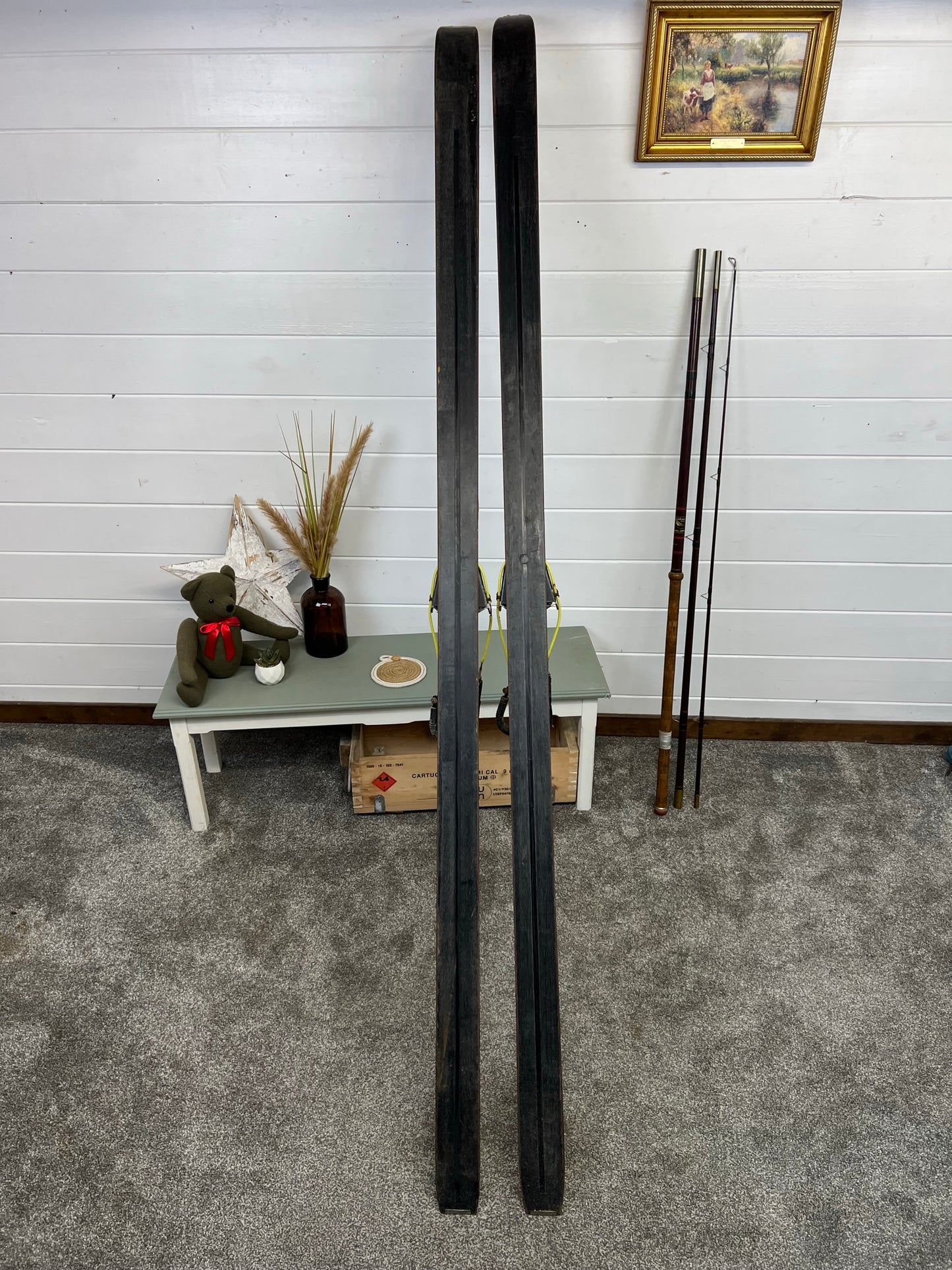 Vintage Ex Army Skis Rustic Christmas Decoration Grotto Ski Wedding Chalet Decor Prop