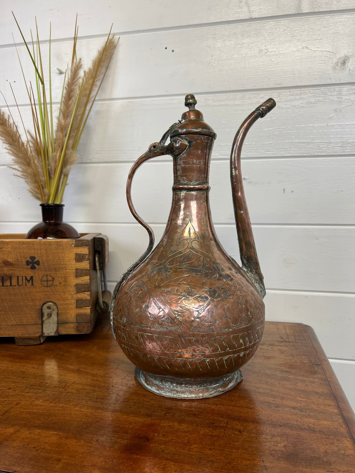 Vintage Middle Eastern Copper Coffee Pot Decorative Antique Arabic Art Deco