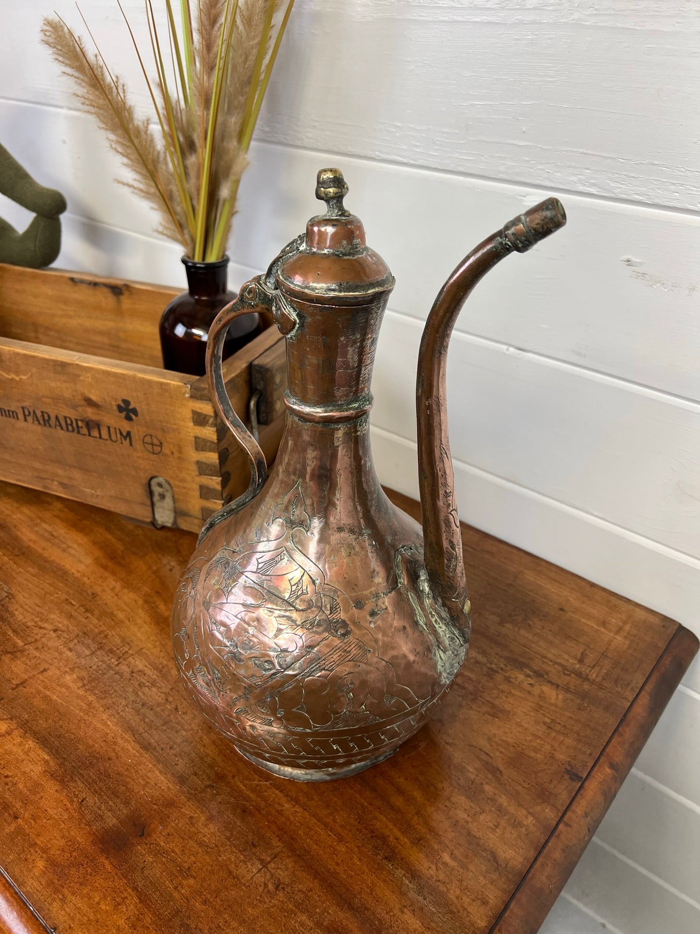 Vintage Middle Eastern Copper Coffee Pot Decorative Antique Arabic Art Deco