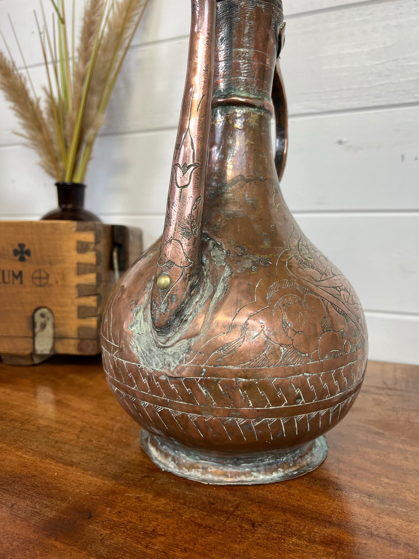 Vintage Middle Eastern Copper Coffee Pot Decorative Antique Arabic Art Deco